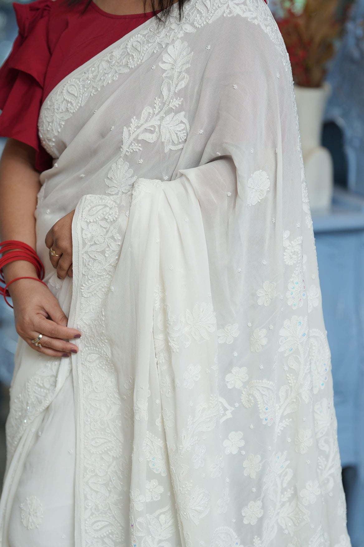 Dhvani Pure White Viscose Georgette Chikankari Saree