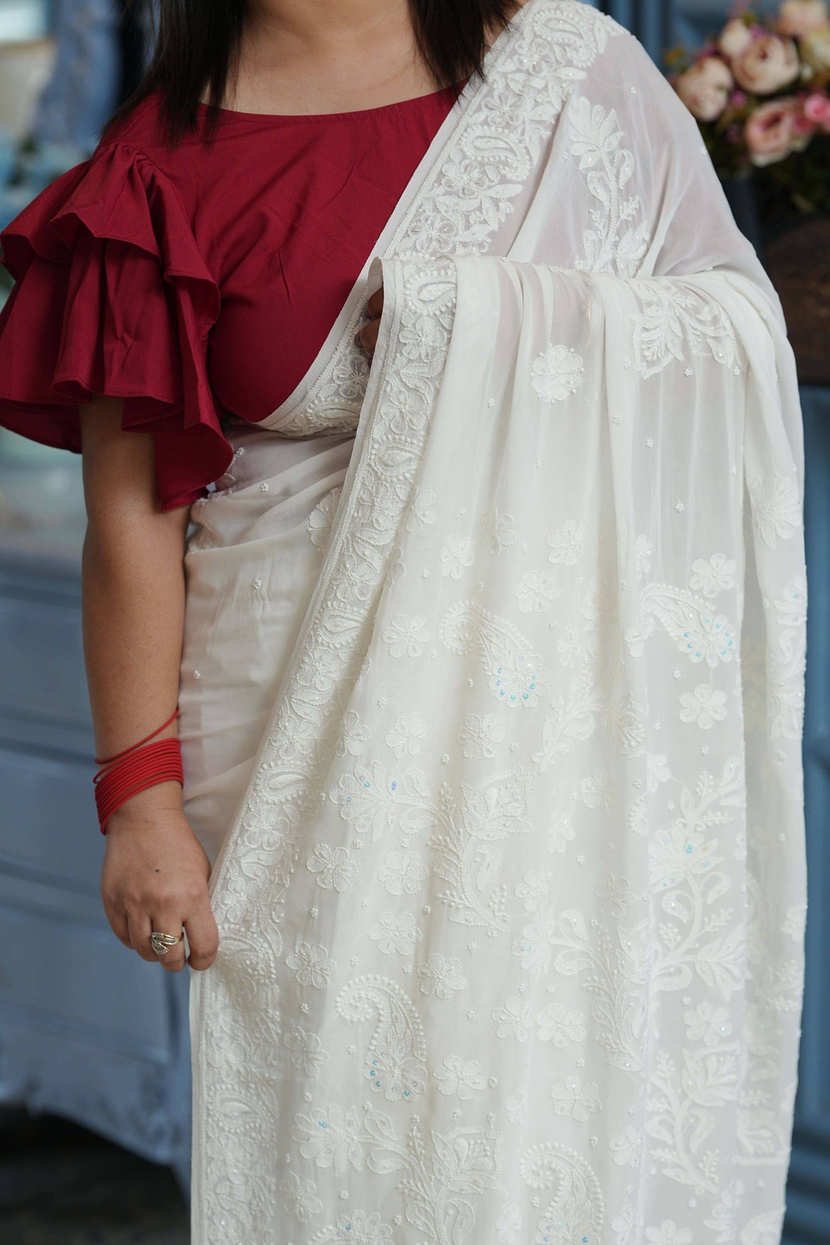 Dhvani Pure White Viscose Georgette Chikankari Saree