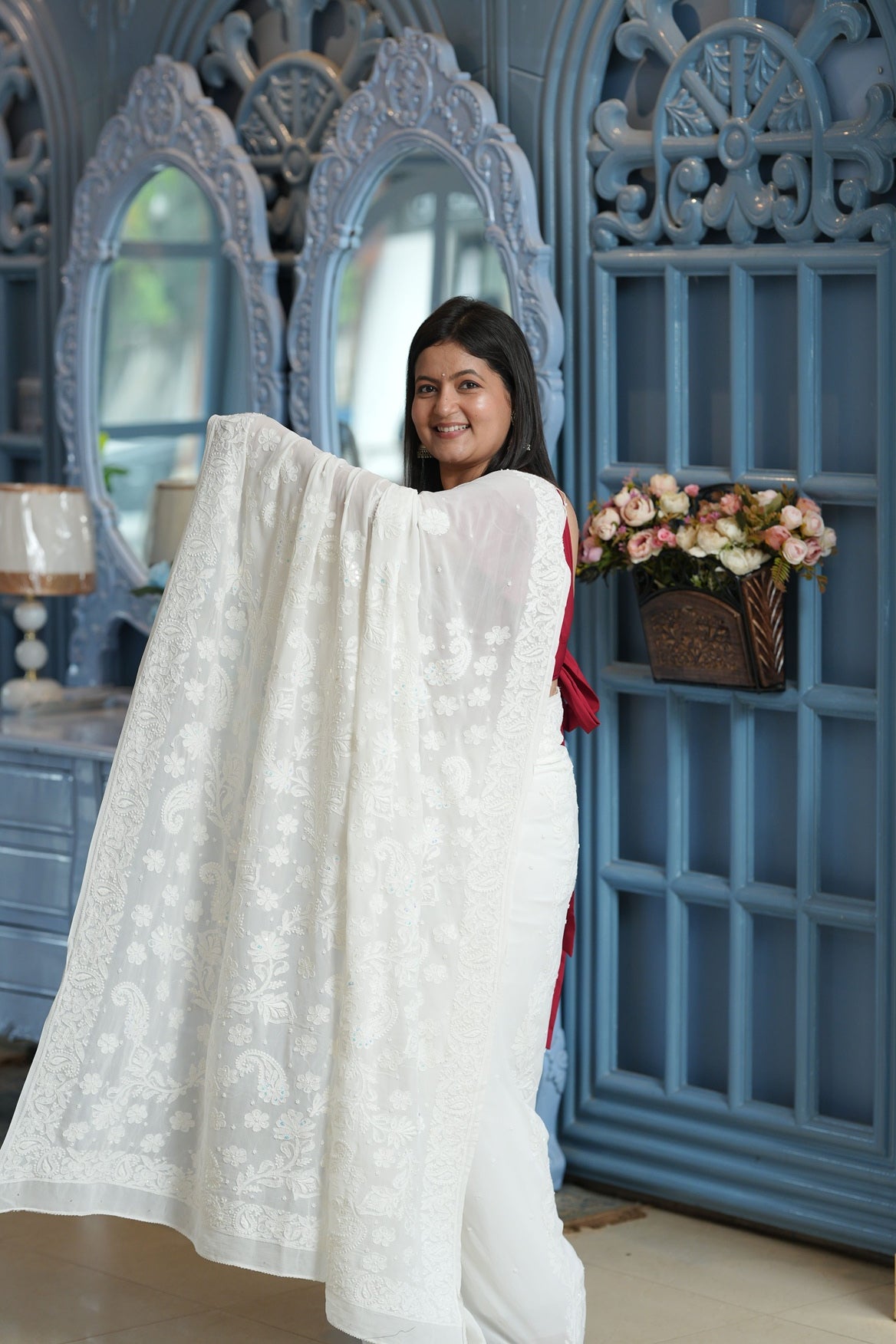 Dhvani Pure White Viscose Georgette Chikankari Saree