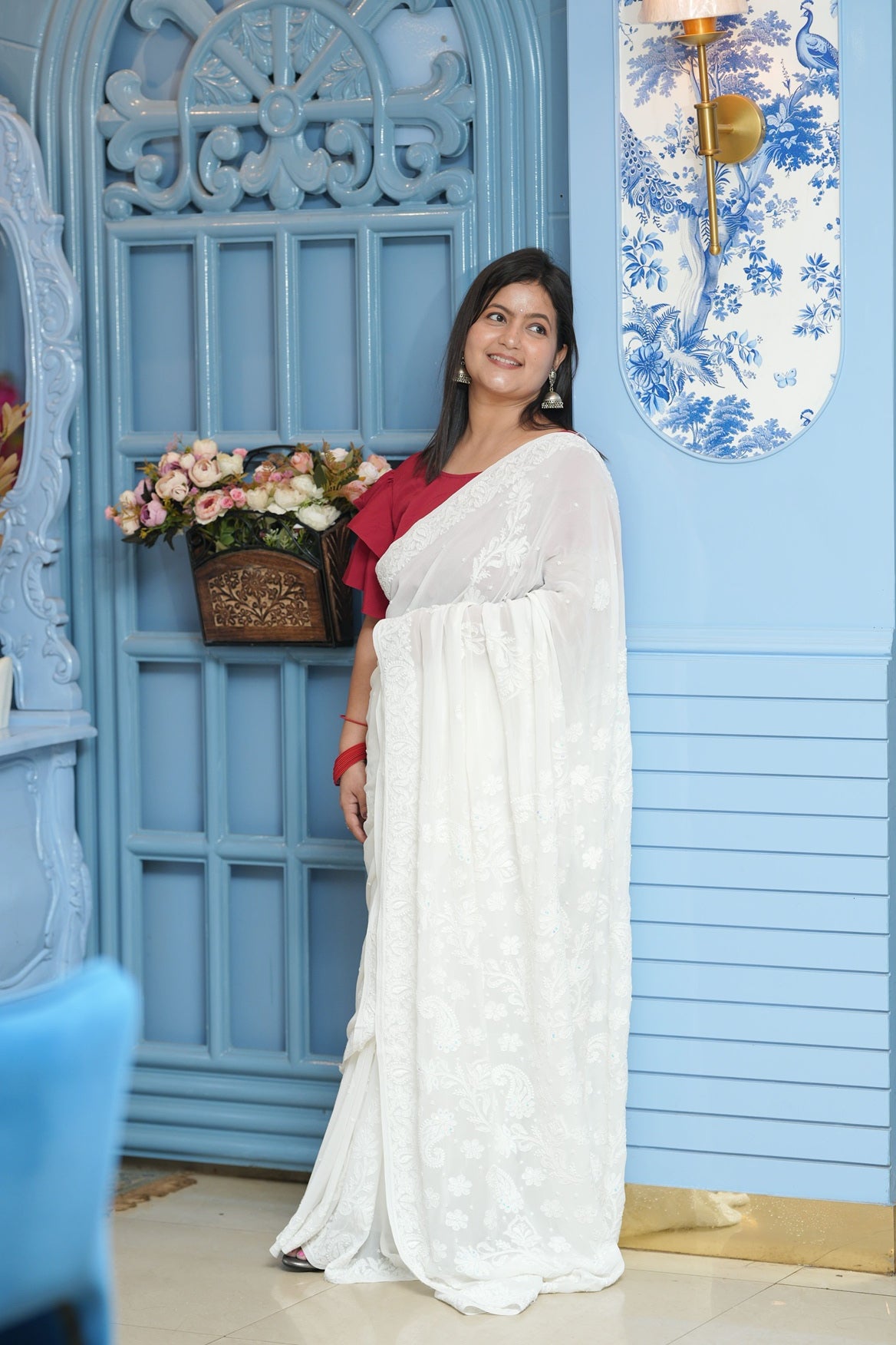 Dhvani Pure White Viscose Georgette Chikankari Saree