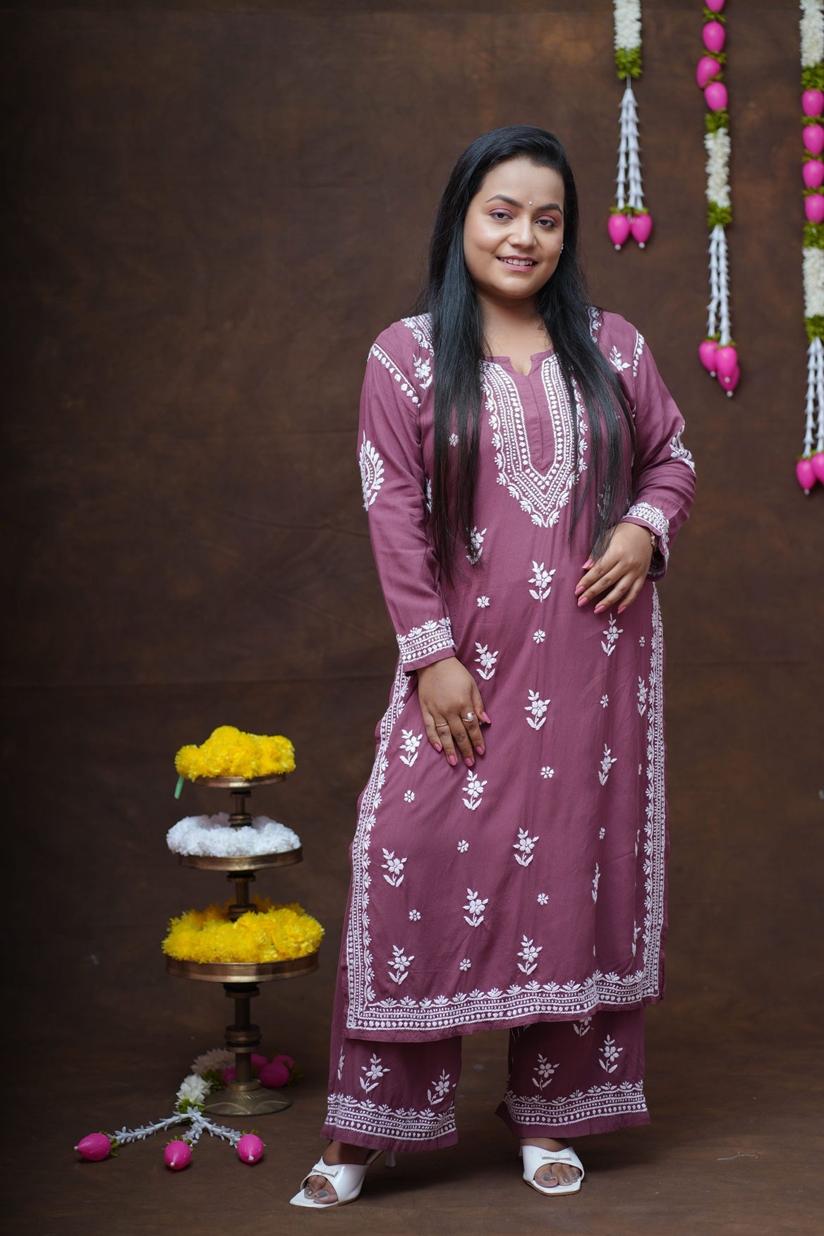 Rayon Chikankari Long Kurta Plazzo Set-Wine