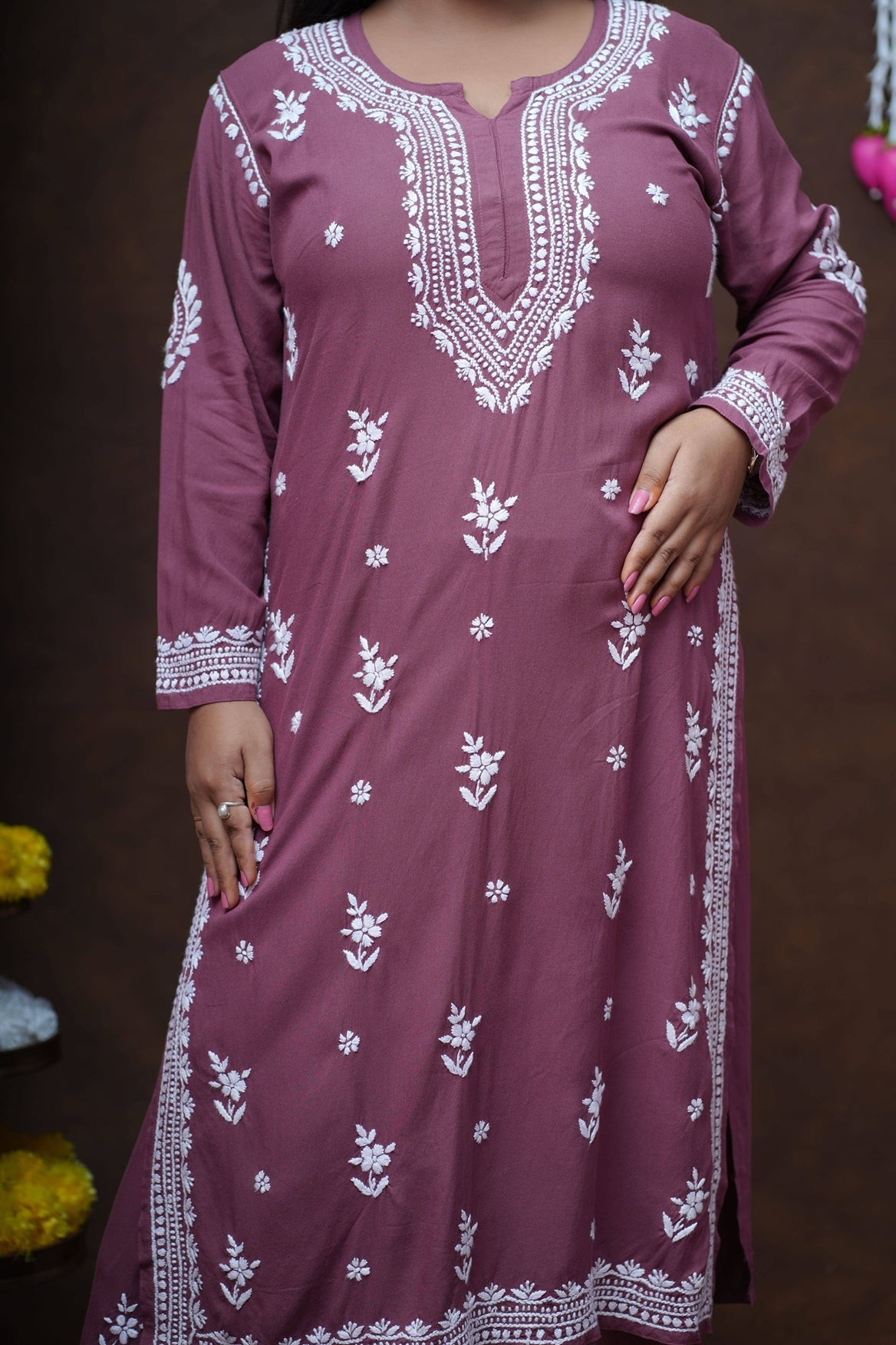 Rayon Chikankari Long Kurta Plazzo Set-Wine