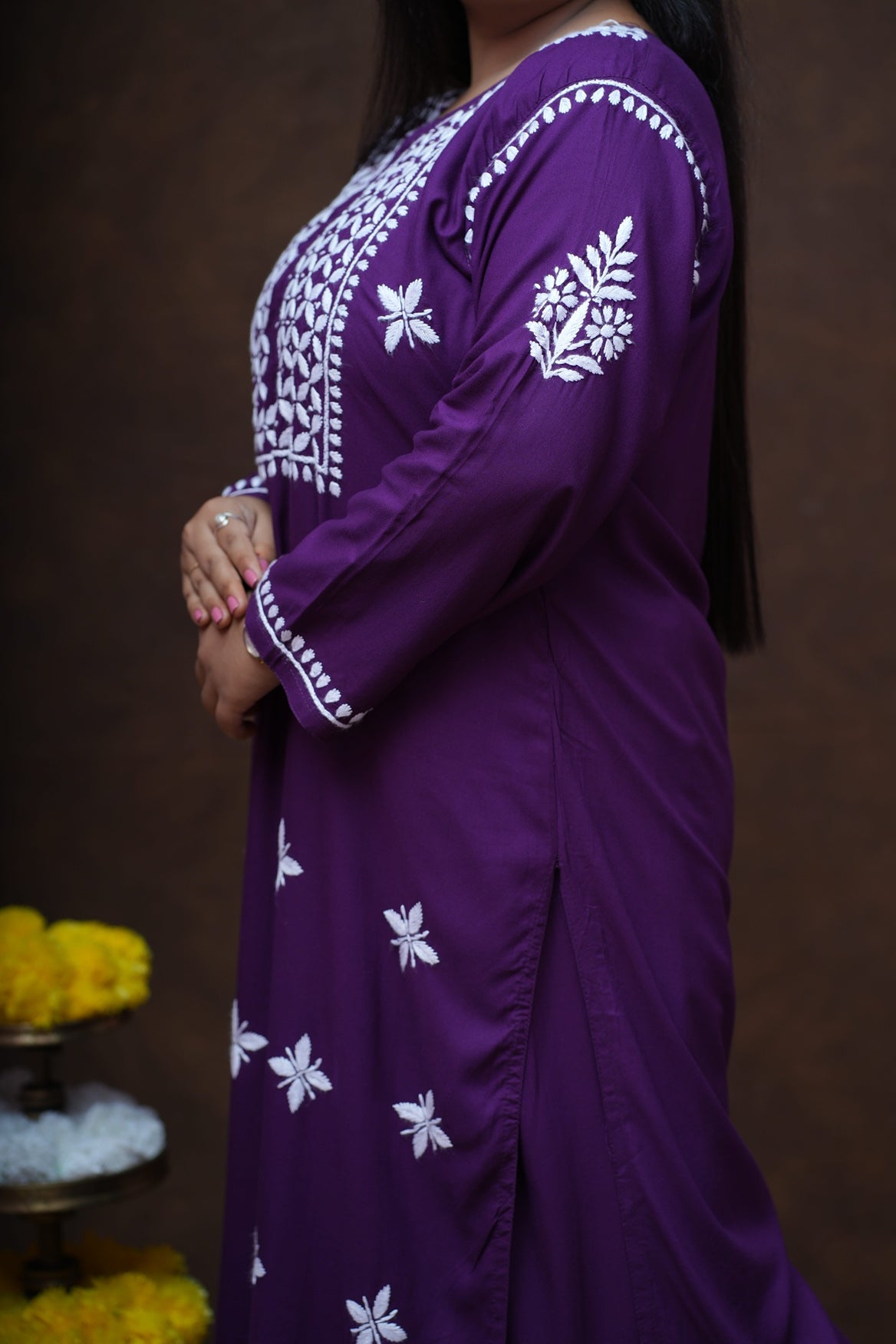 Modal Chikankari Long Kurta Plazzo Set-Royal Purple