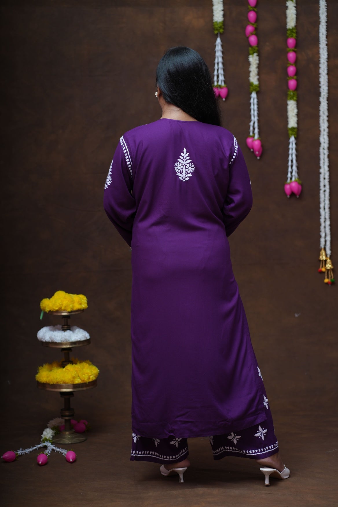 Modal Chikankari Long Kurta Plazzo Set-Royal Purple