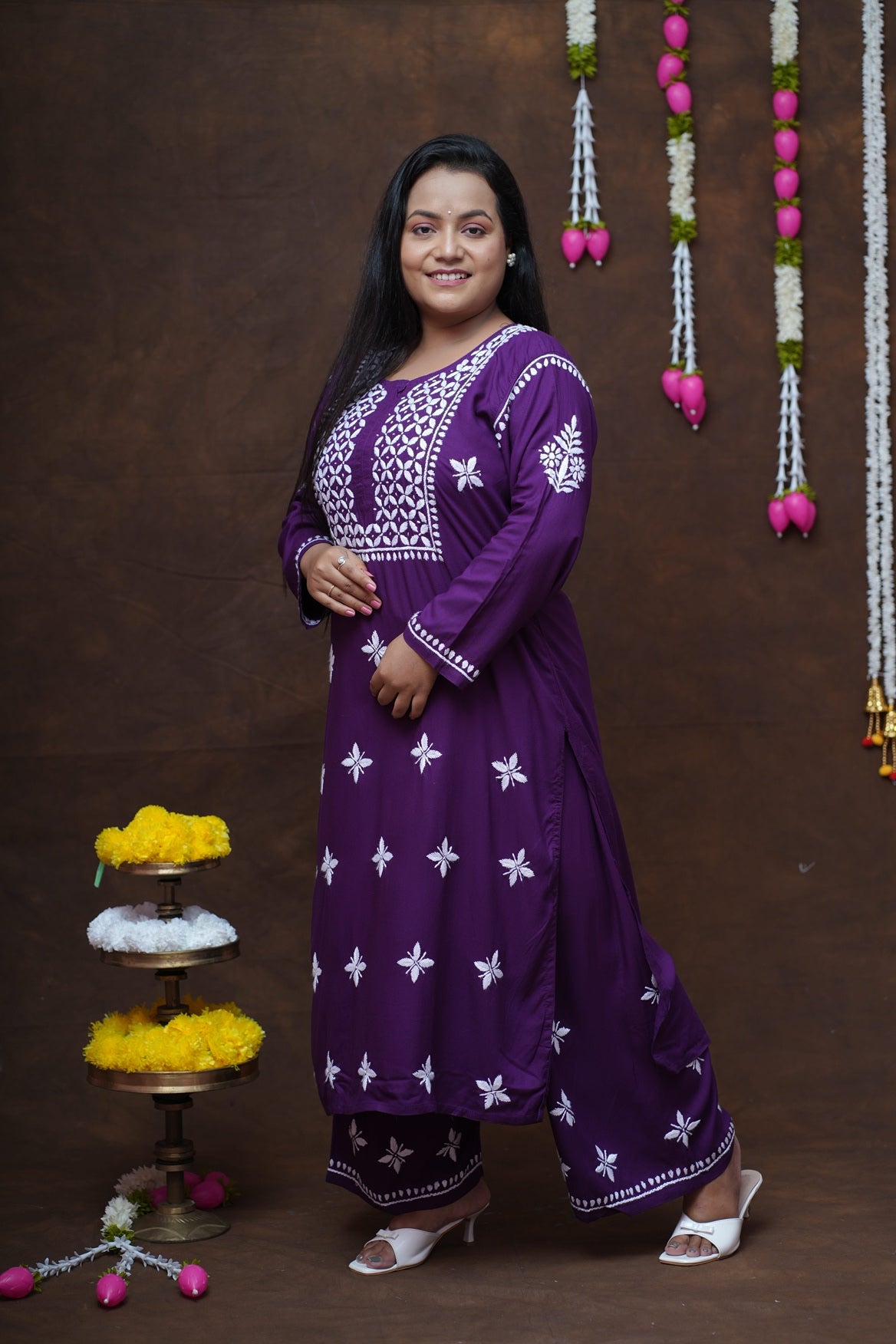 Modal Chikankari Long Kurta Plazzo Set-Royal Purple