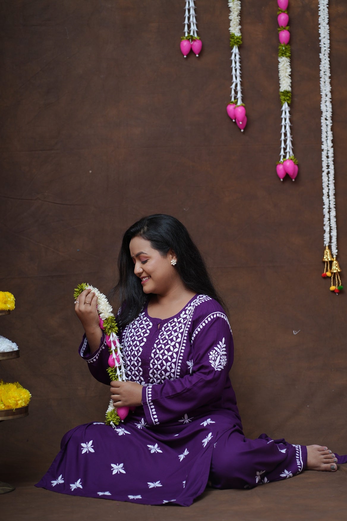 Modal Chikankari Long Kurta Plazzo Set-Royal Purple