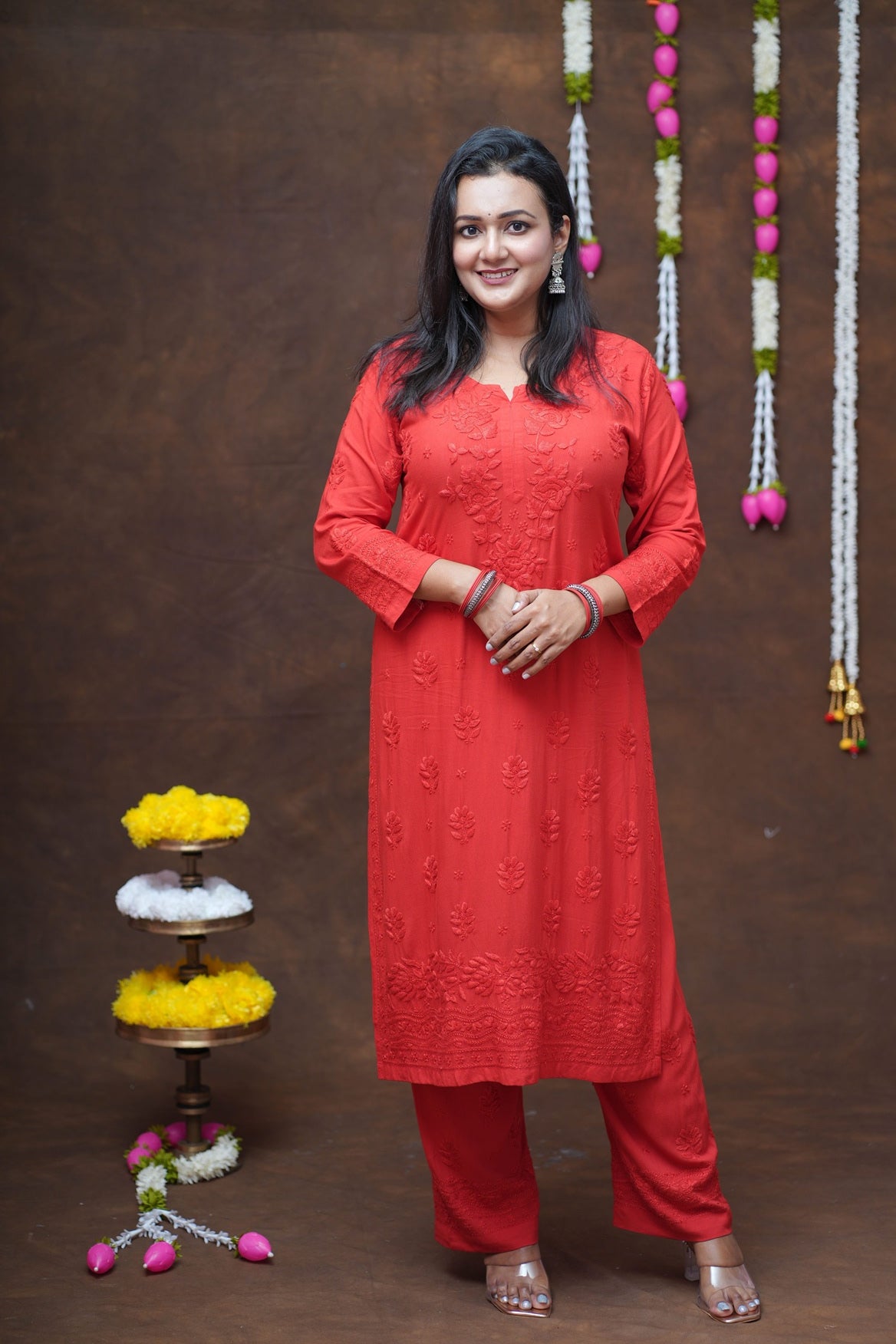 Mehza Rayon Chikankari Kurta Pant Set-Red