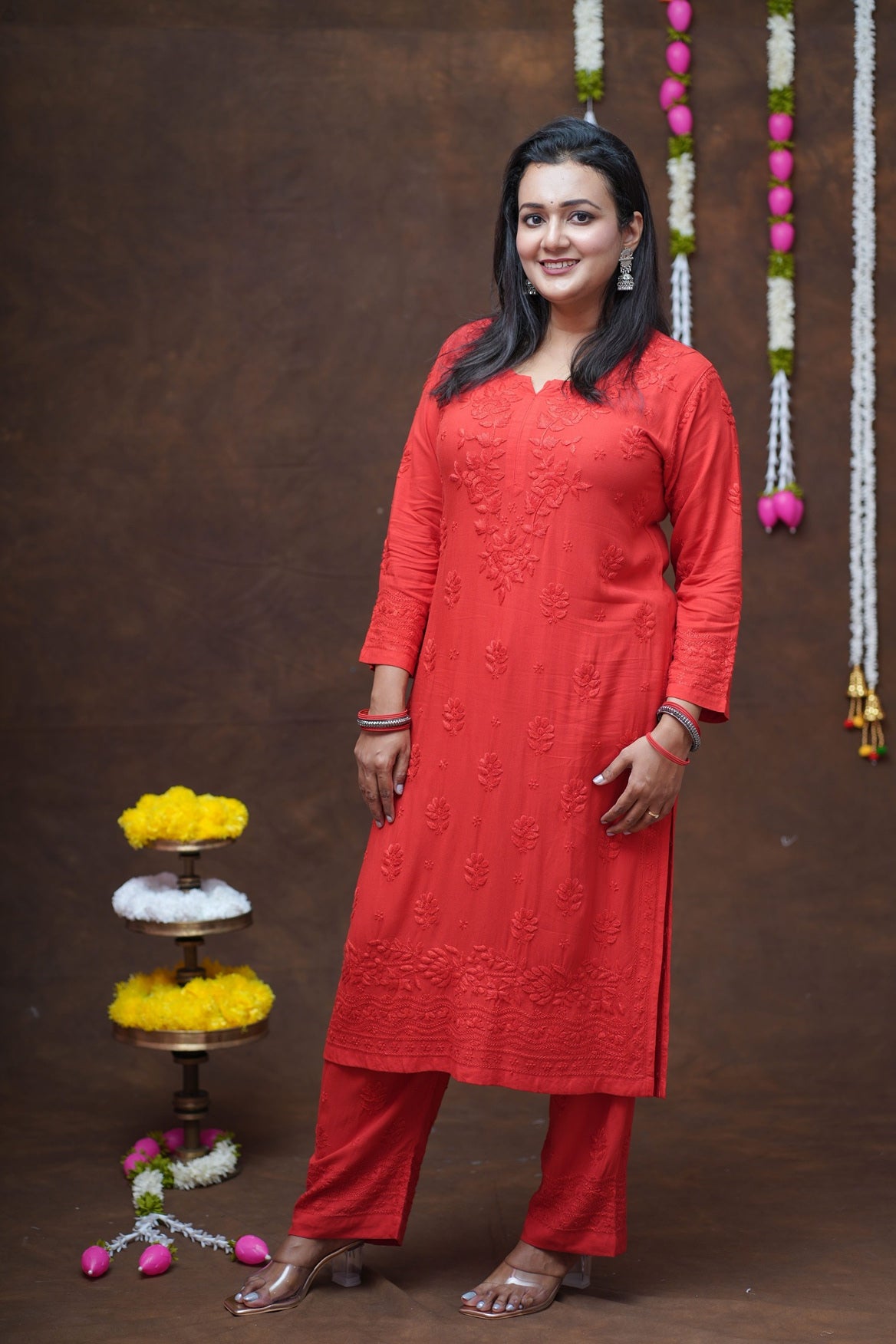 Mehza Rayon Chikankari Kurta Pant Set-Red