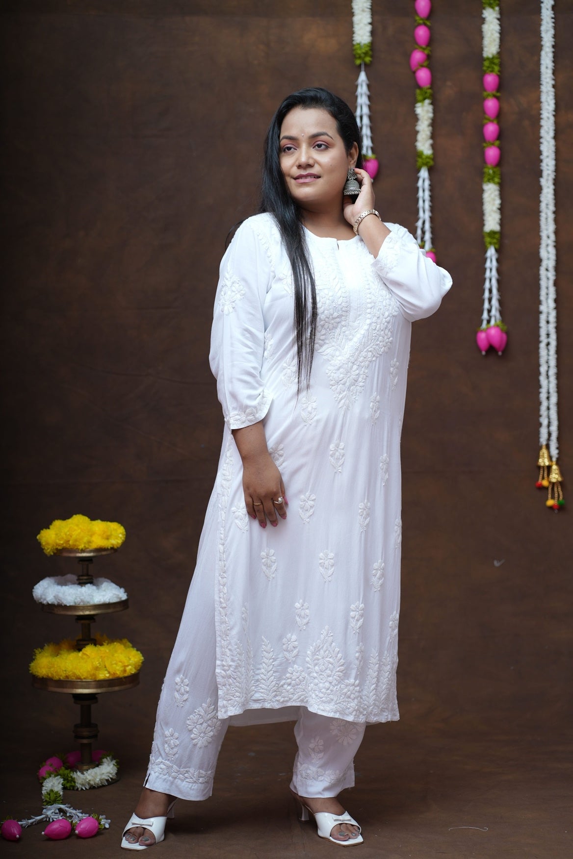 White Rayon Chikankari Kurta Pant Set