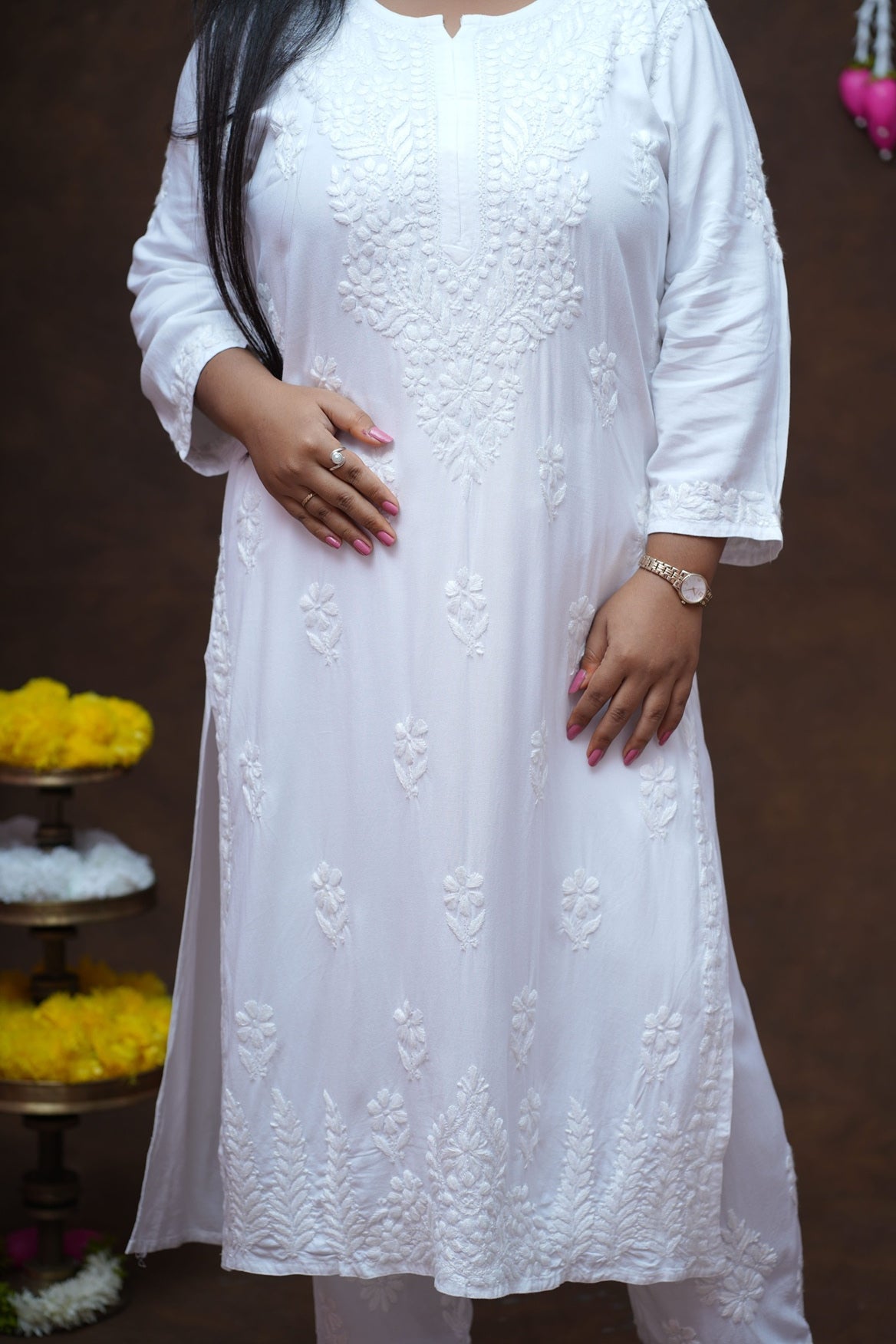White Rayon Chikankari Kurta Pant Set