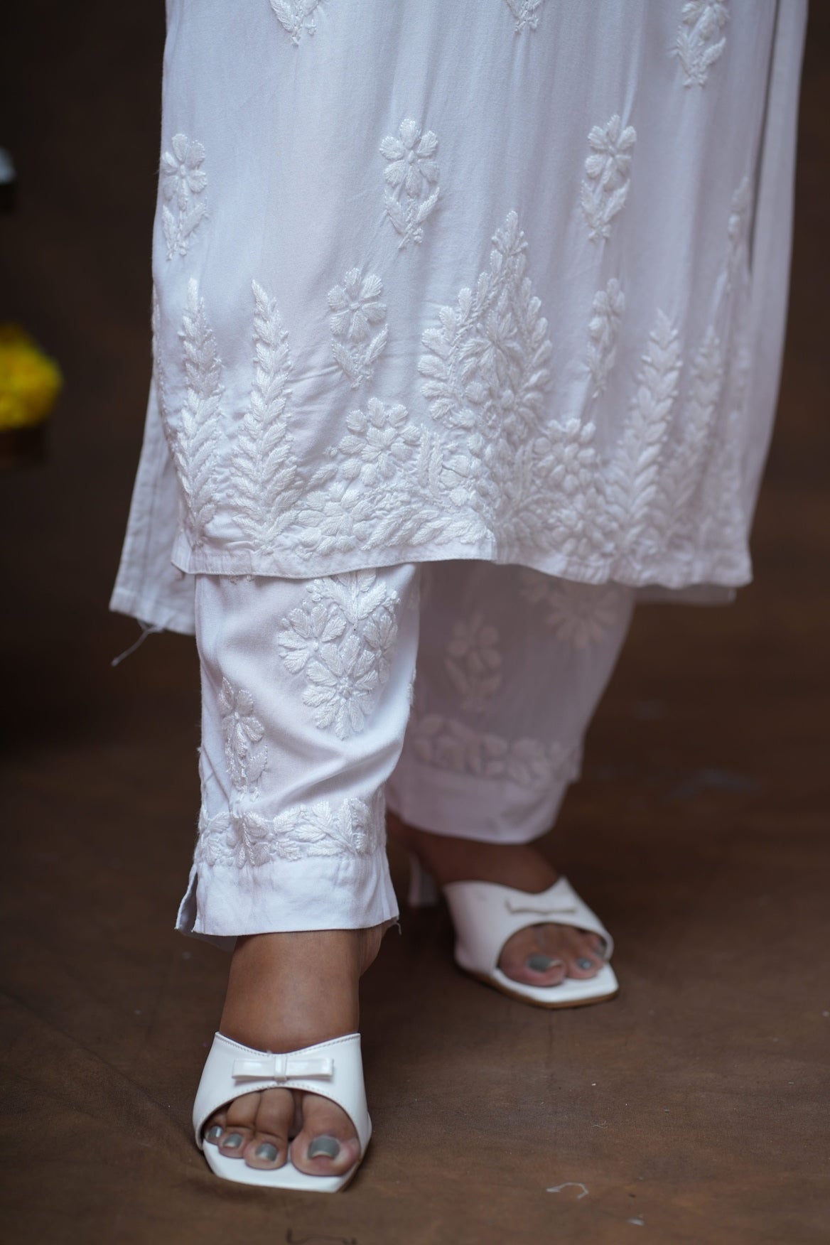 White Rayon Chikankari Kurta Pant Set