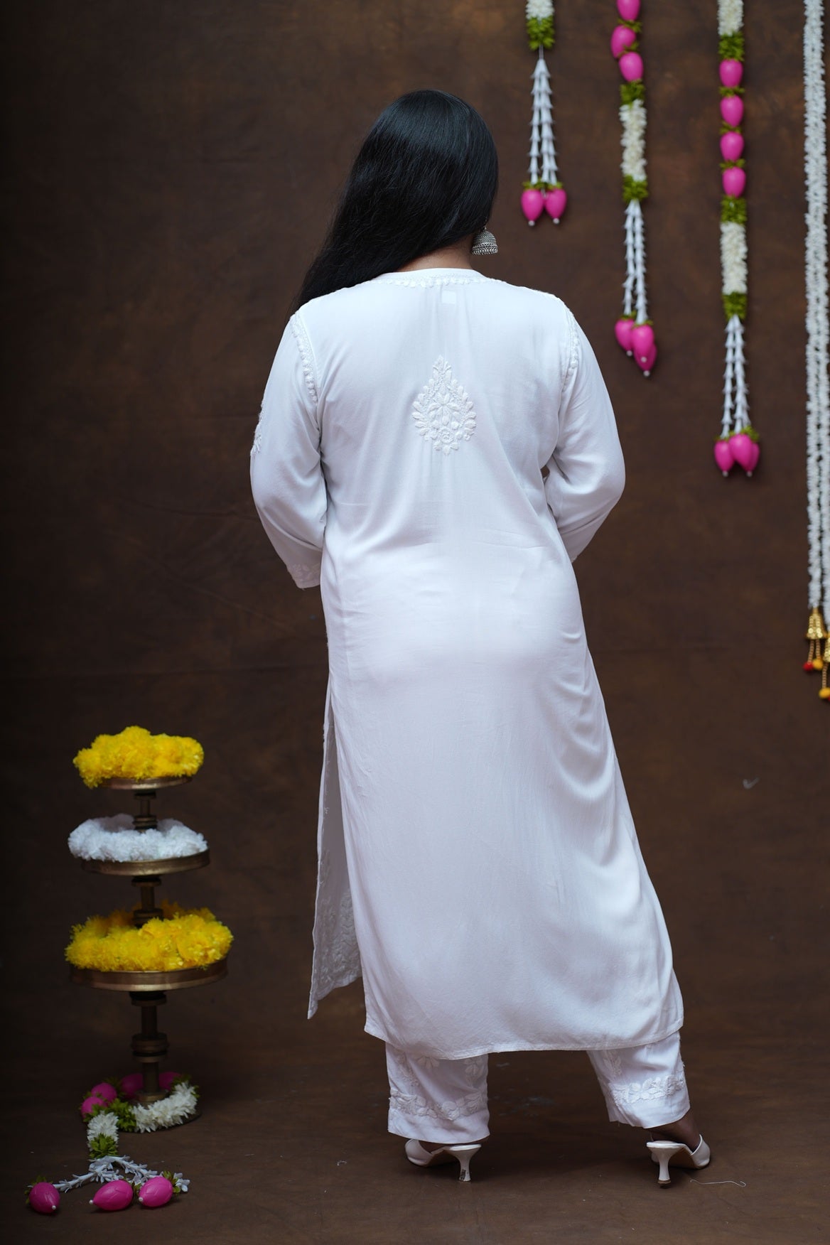 White Rayon Chikankari Kurta Pant Set