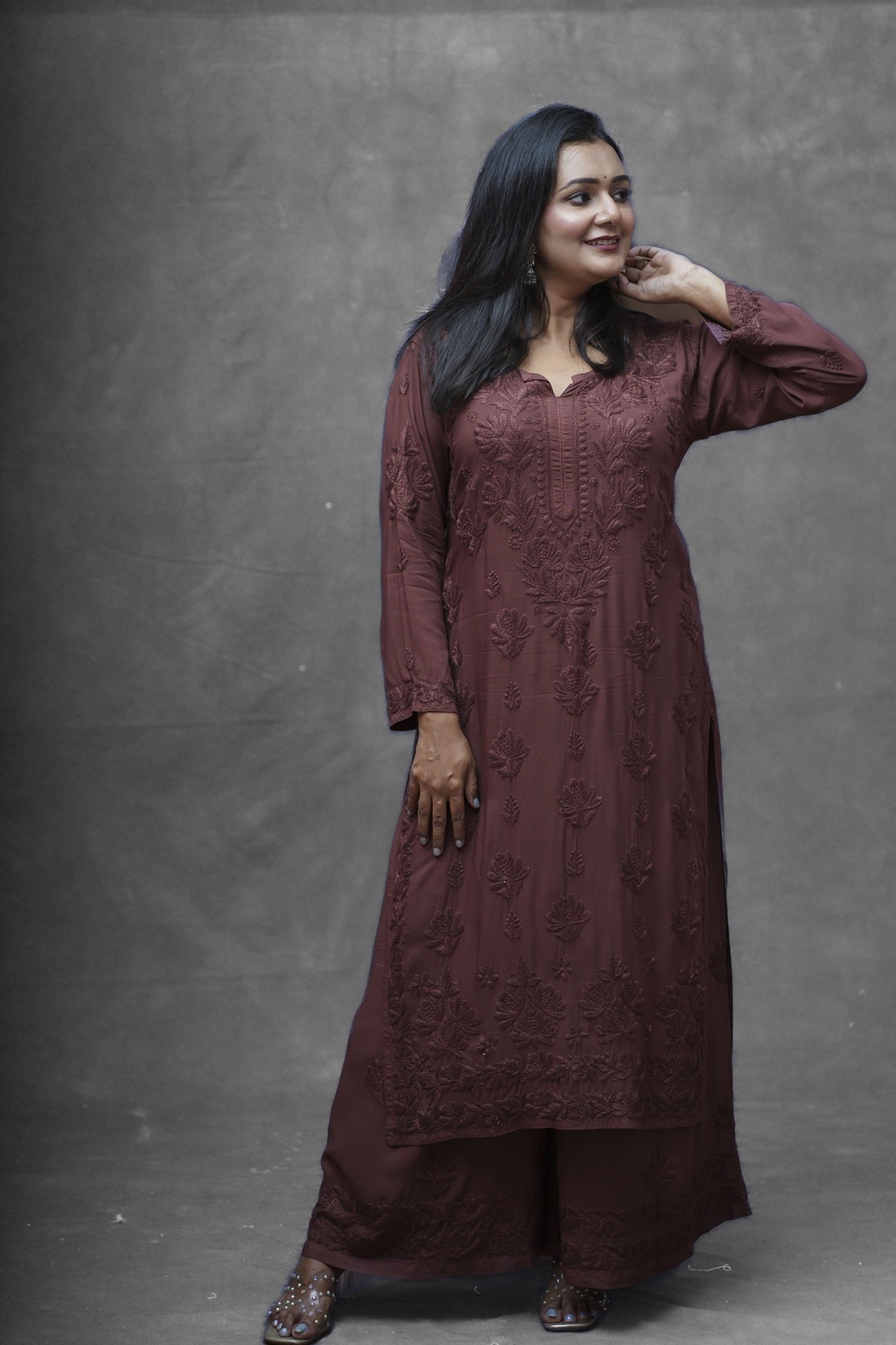 Aanya Modal Chikankari Kurta Plazzo Set-Mocha