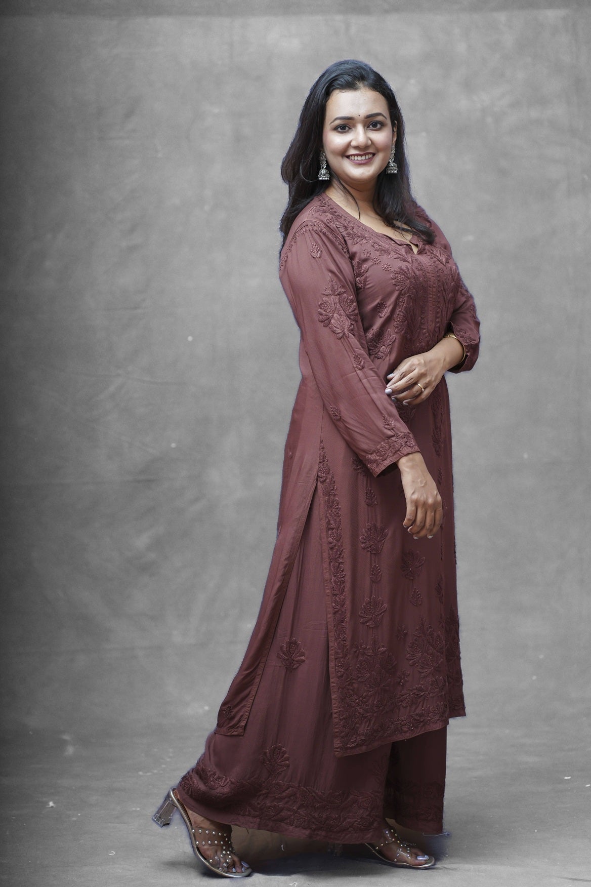 Aanya Modal Chikankari Kurta Plazzo Set-Mocha