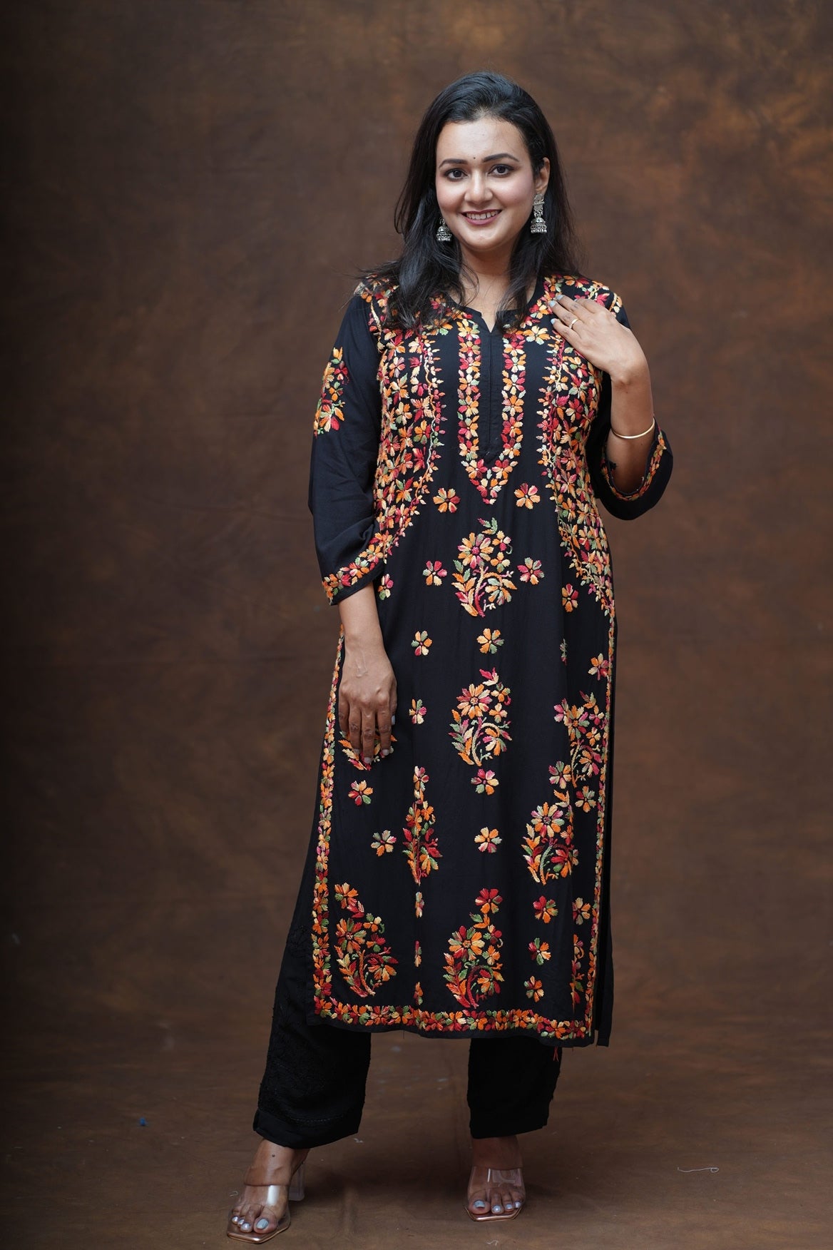 Varnika Rayon Multicolour Thread Chikankari Kurta-Black