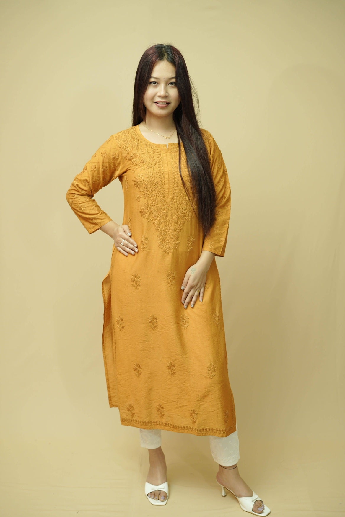 Sahira Printex Chanderi Long Kurta- Golden Brown
