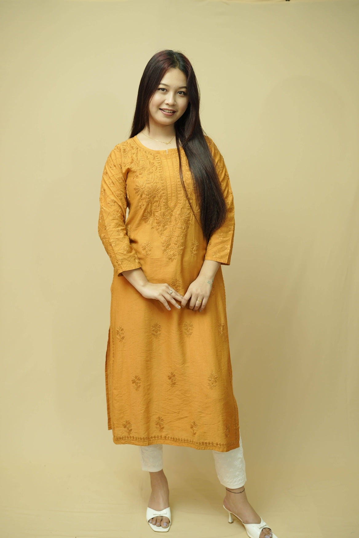 Sahira Printex Chanderi Long Kurta- Golden Brown
