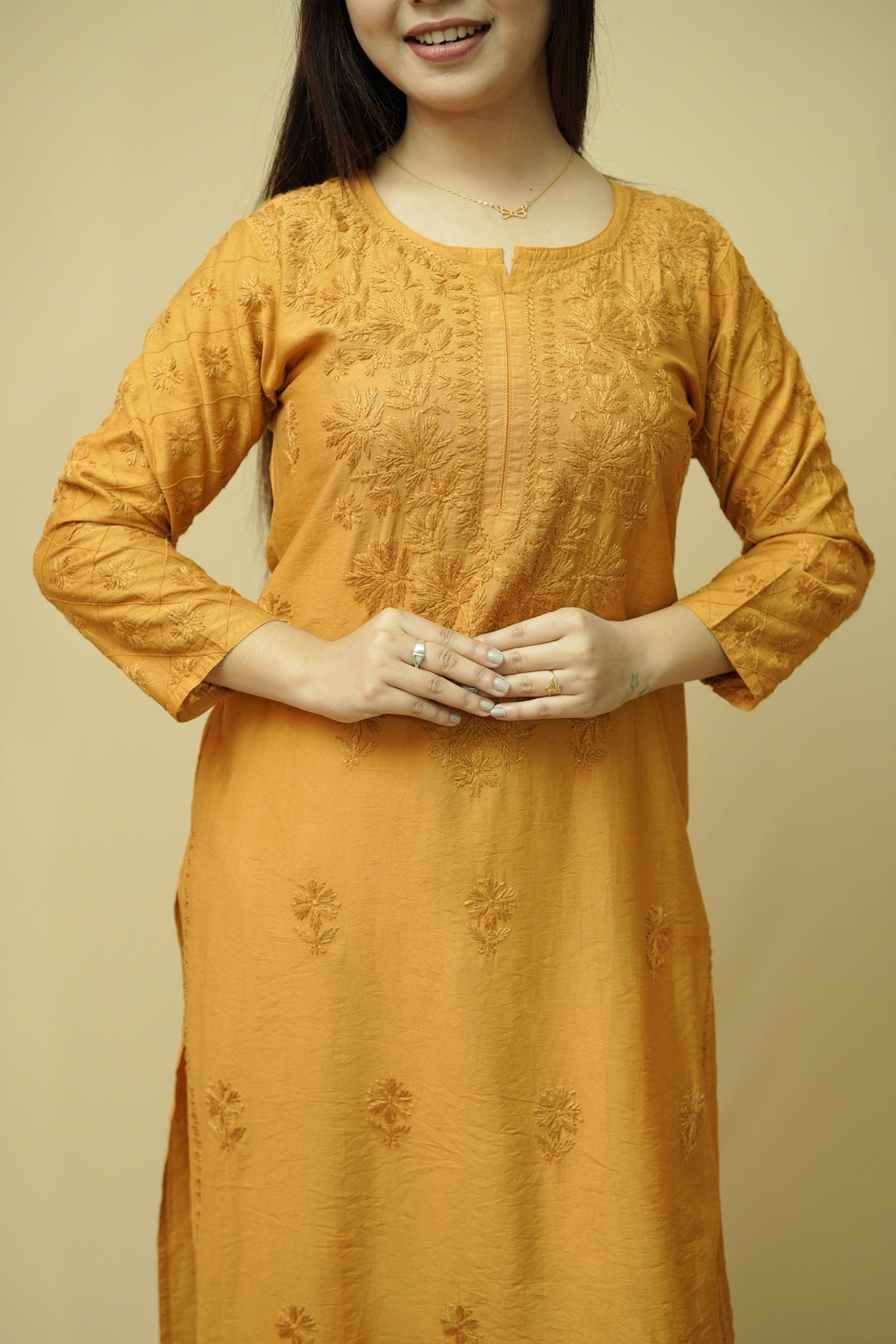 Sahira Printex Chanderi Long Kurta- Golden Brown