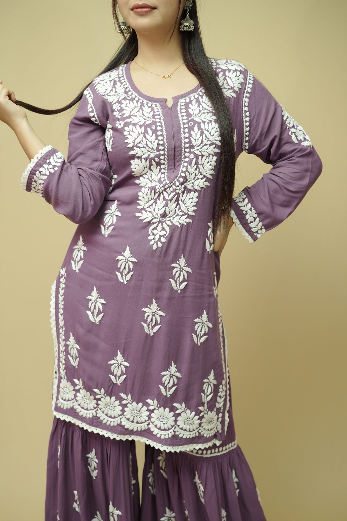 Afsana Chikankari Kurta Gharara Set - Lavender