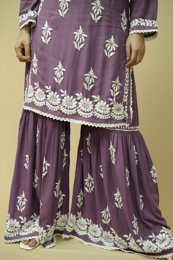 Afsana Chikankari Kurta Gharara Set - Lavender
