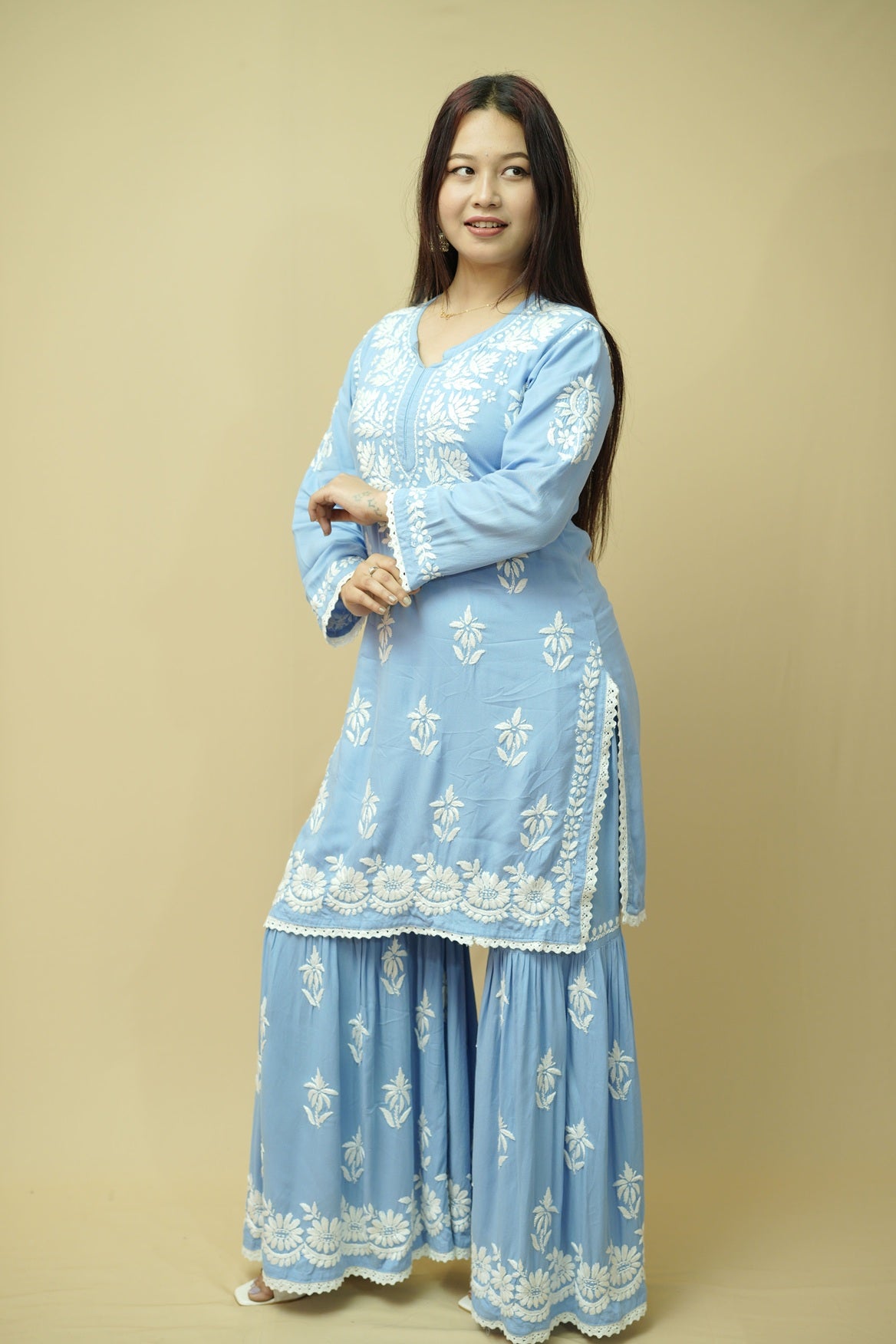Afsana Chikankari Kurta Gharara Set - Sky Blue