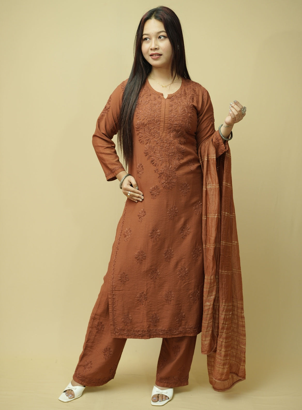 Saanjh Chanderi Chikankari Set - Brown