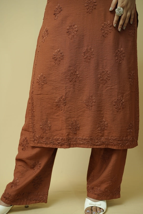 Saanjh Chanderi Chikankari Set - Brown