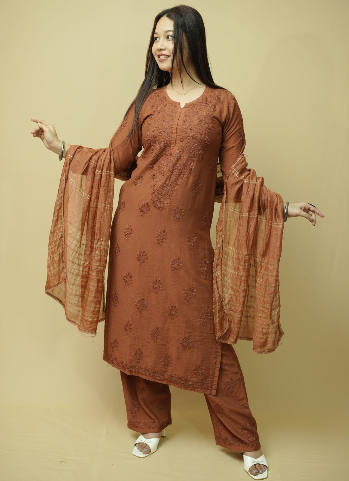 Saanjh Chanderi Chikankari Set - Brown