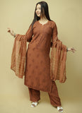 Saanjh Chanderi Chikankari Set - Brown