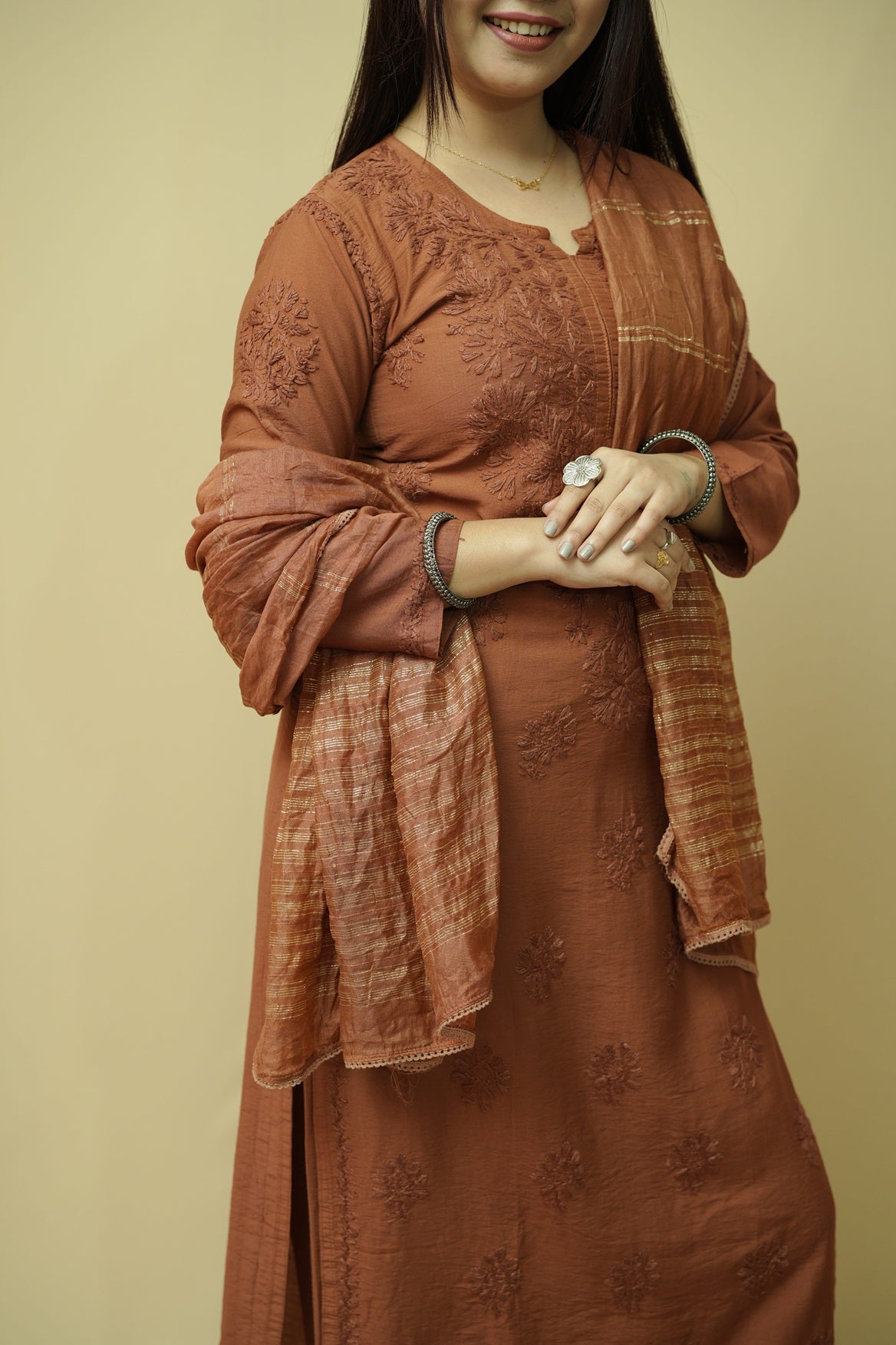 Saanjh Chanderi Chikankari Set - Brown