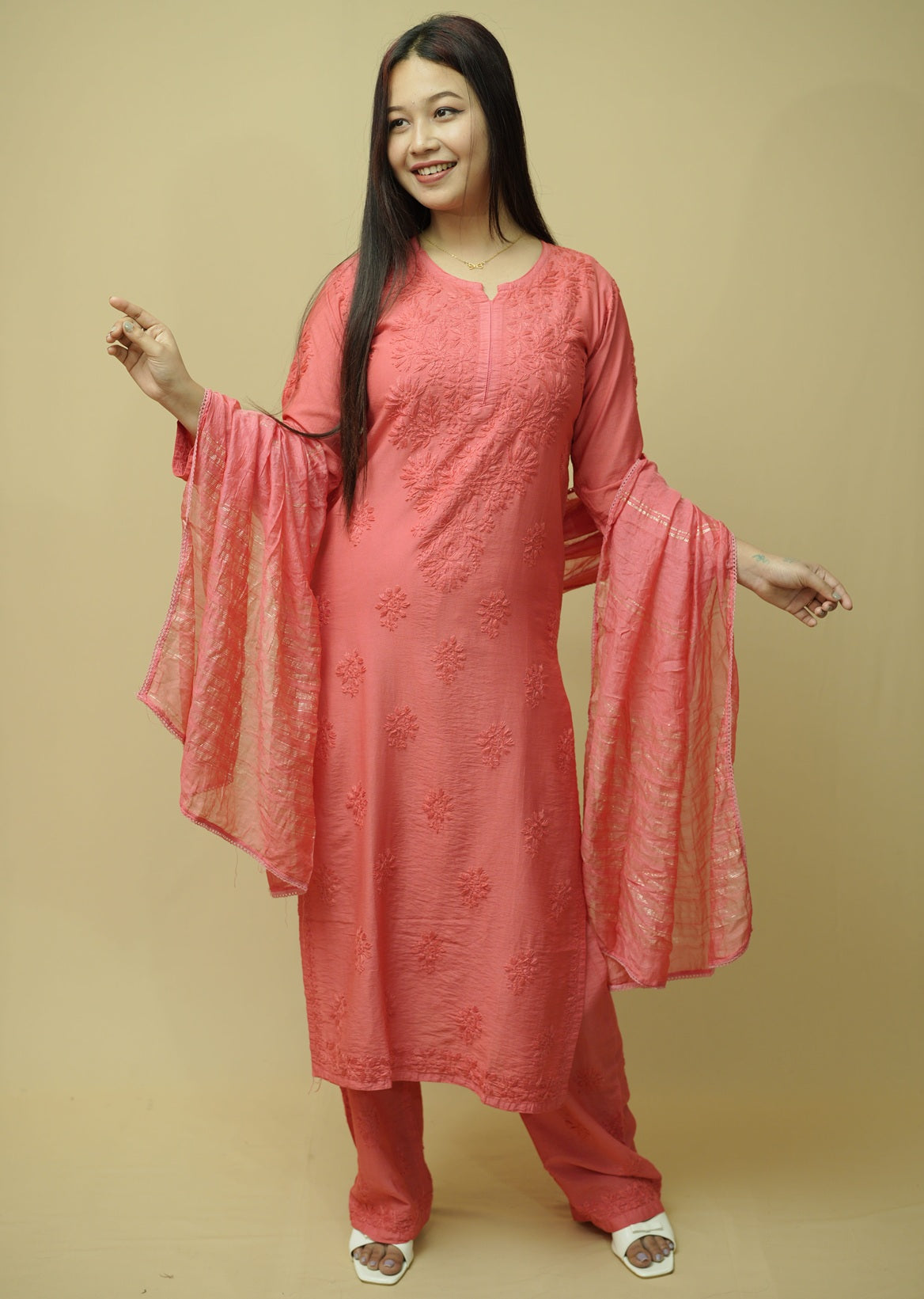 Saanjh Chanderi Chikankari Set - Coral Pink