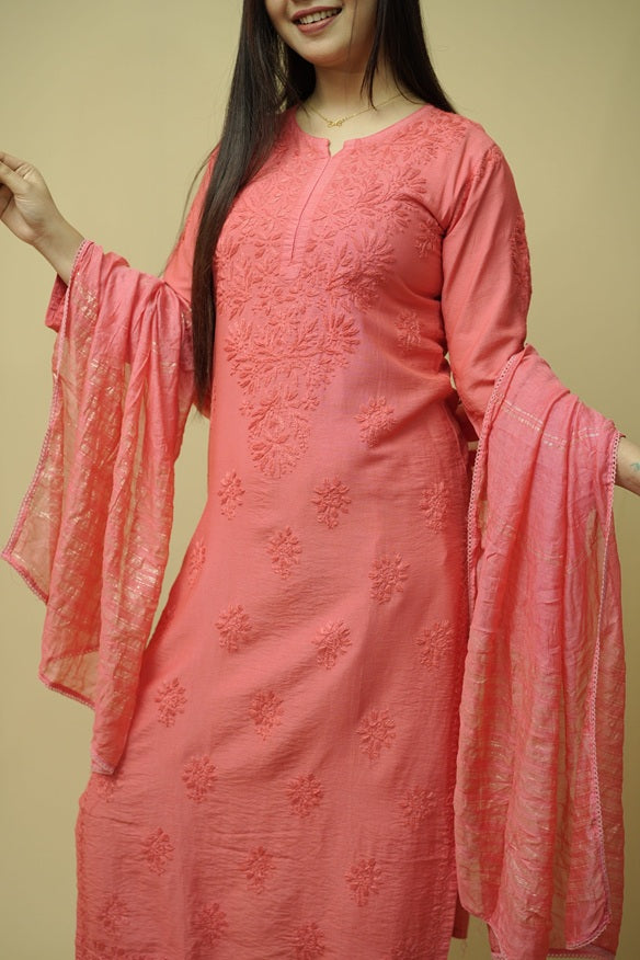Saanjh Chanderi Chikankari Set - Coral Pink