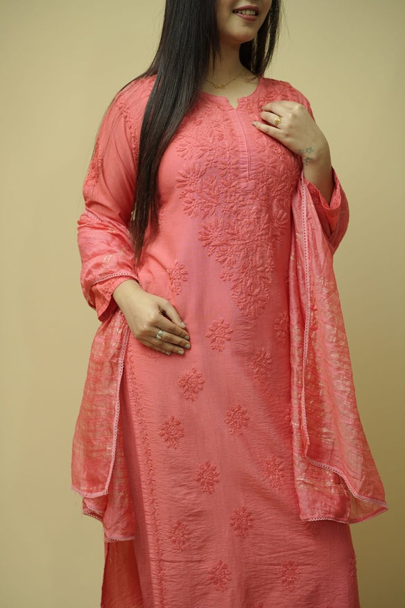 Saanjh Chanderi Chikankari Set - Coral Pink