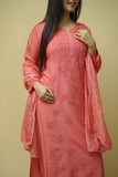 Saanjh Chanderi Chikankari Set - Coral Pink