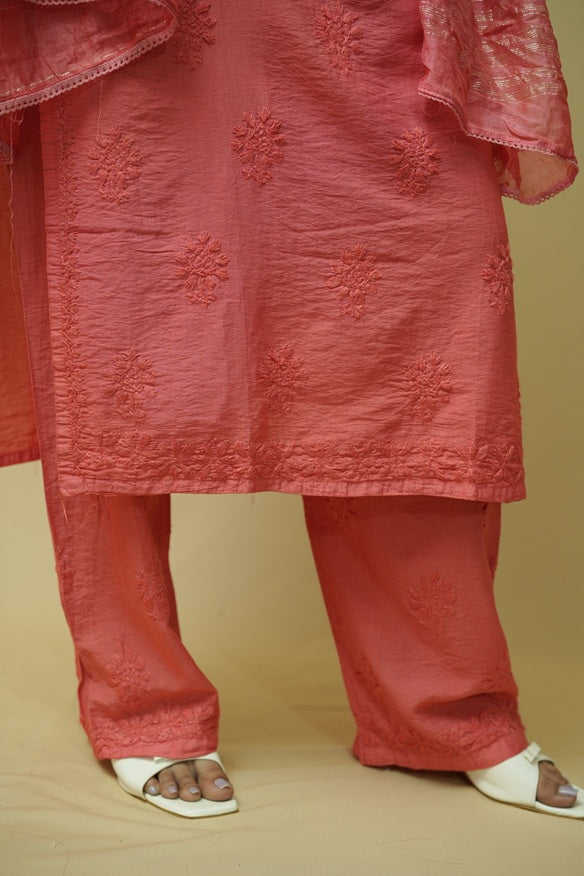 Saanjh Chanderi Chikankari Set - Coral Pink