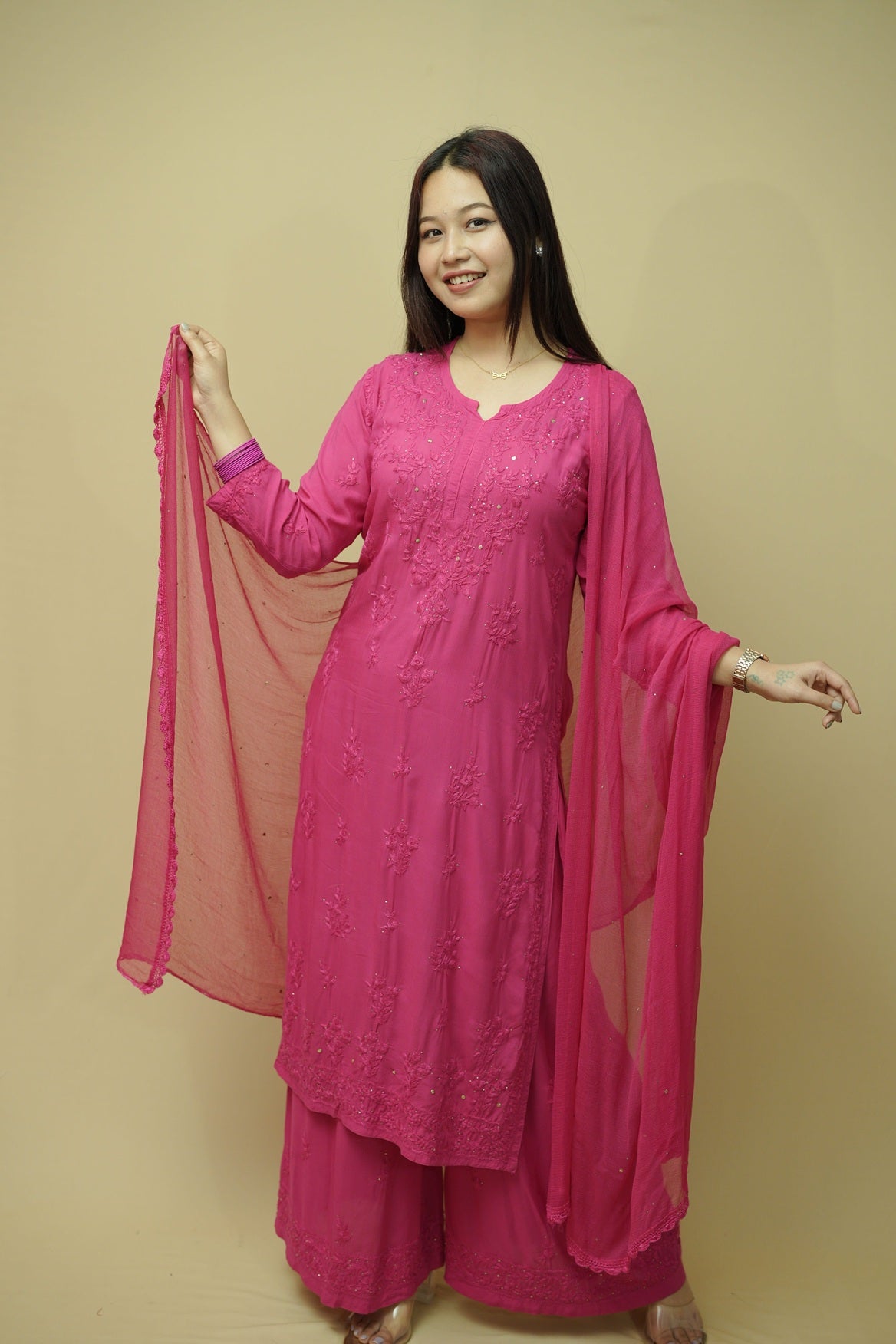 Noorani Mukaish Modal Chikankari Kurta Plazzo and Dupatta Set