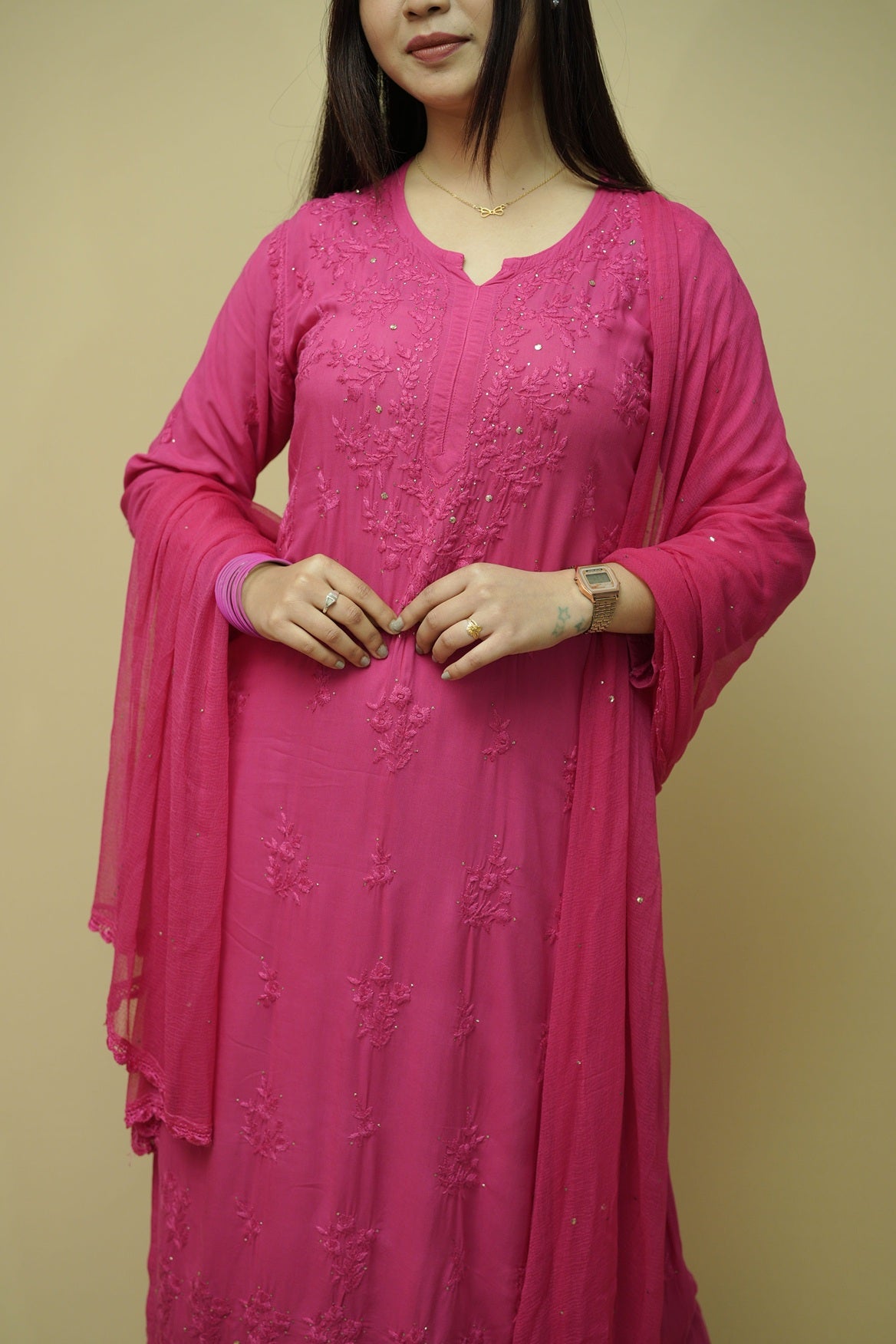 Noorani Mukaish Modal Chikankari Kurta Plazzo and Dupatta Set