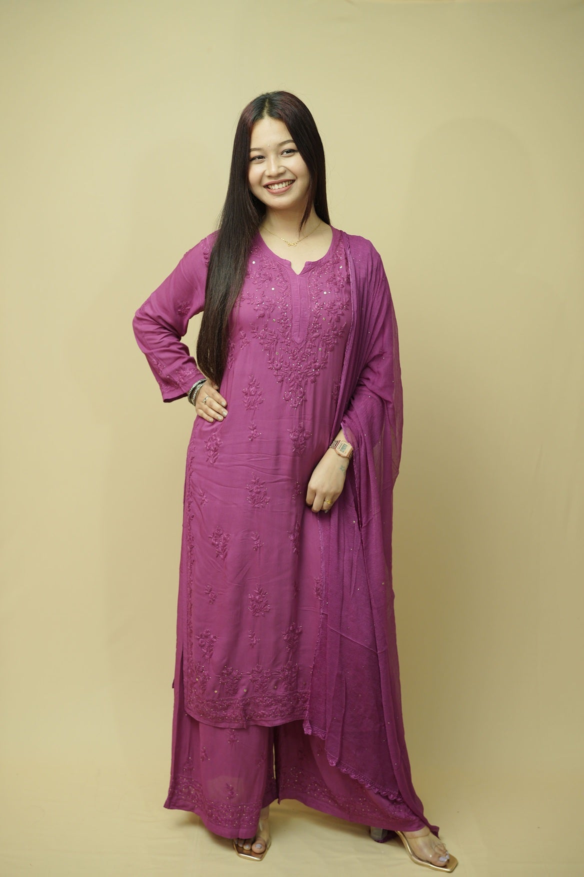 Noorani Mukaish Modal Chikankari Kurta Plazzo and Dupatta Set