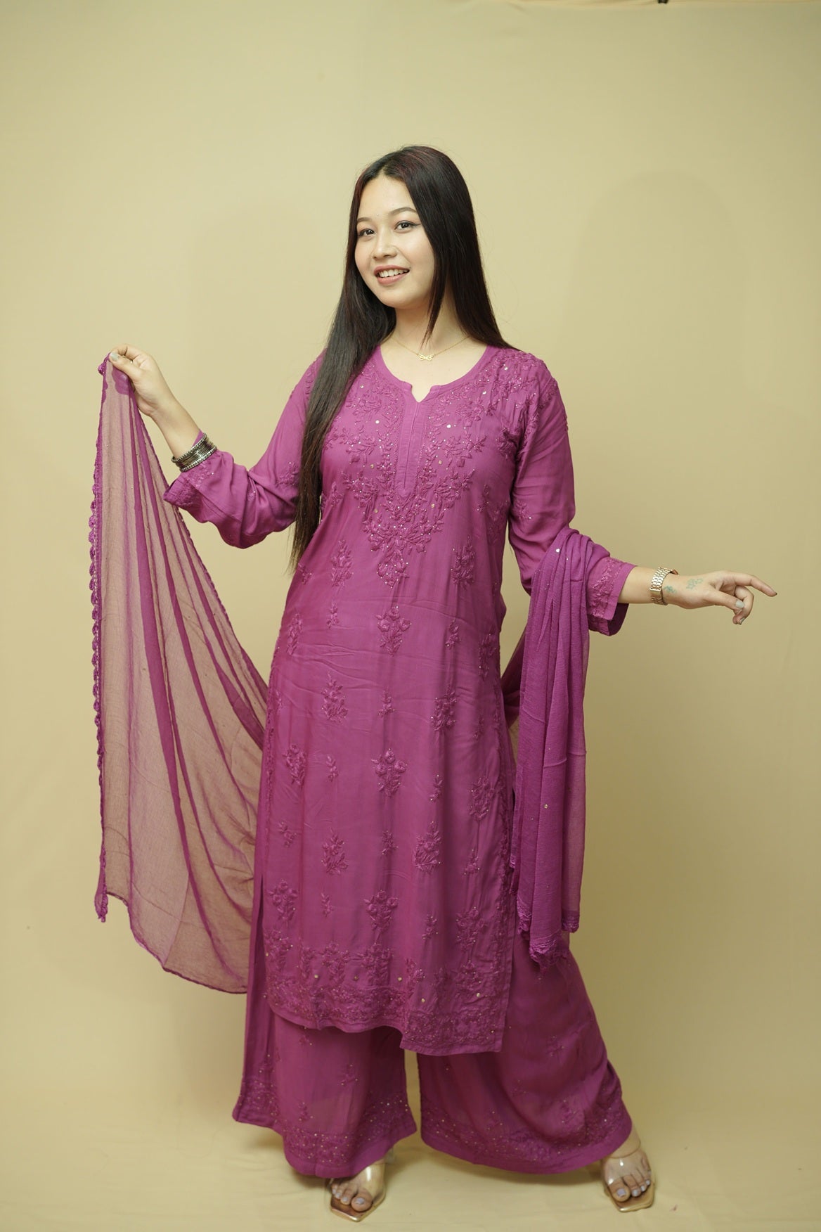 Noorani Mukaish Modal Chikankari Kurta Plazzo and Dupatta Set