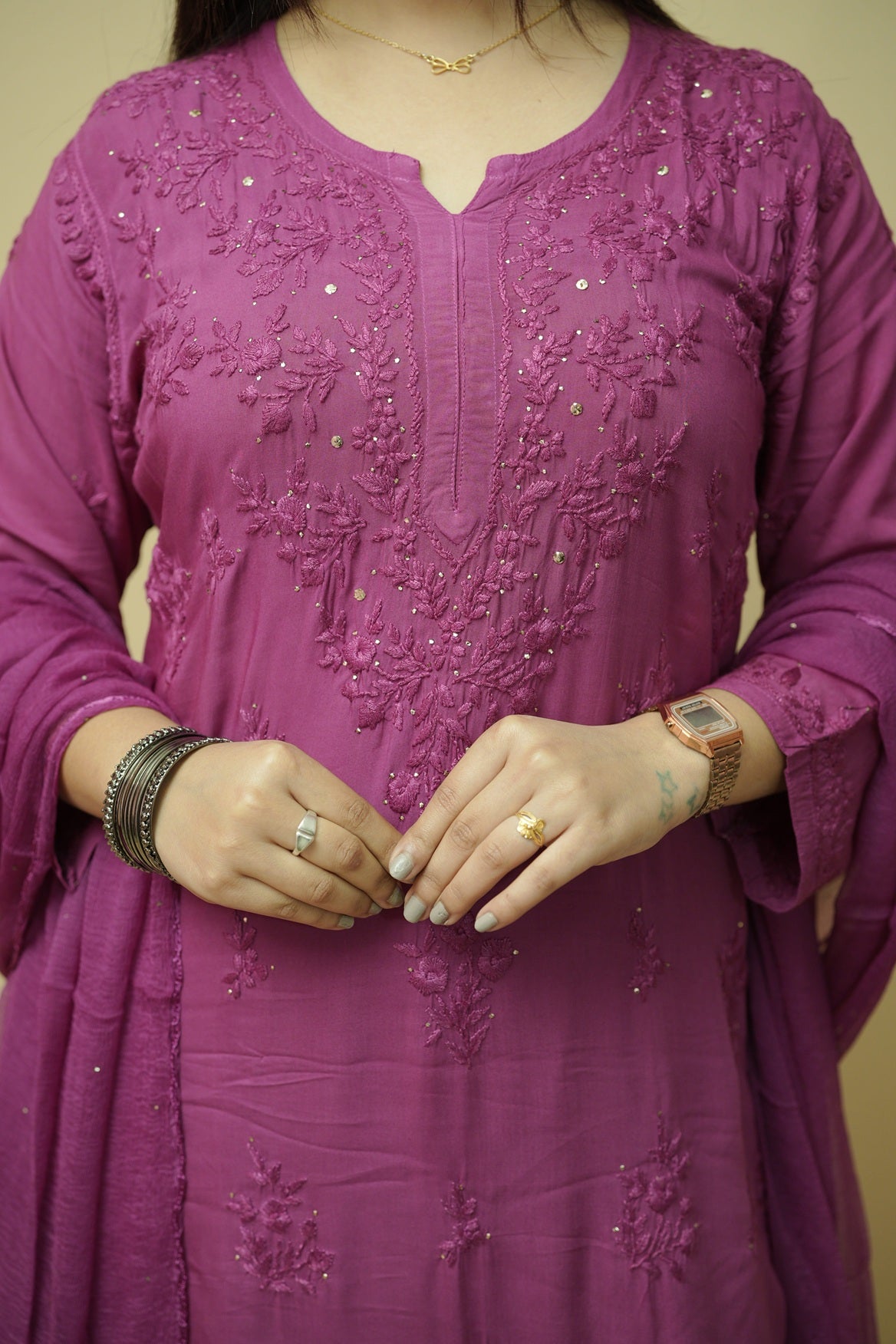 Noorani Mukaish Modal Chikankari Kurta Plazzo and Dupatta Set