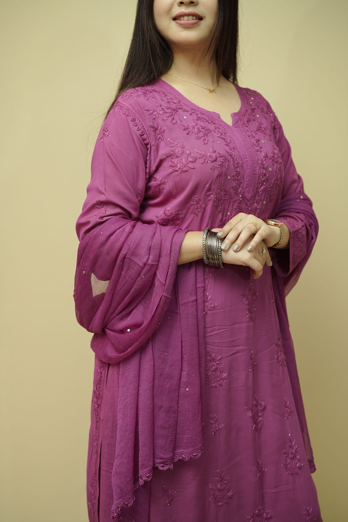 Noorani Mukaish Modal Chikankari Kurta Plazzo and Dupatta Set