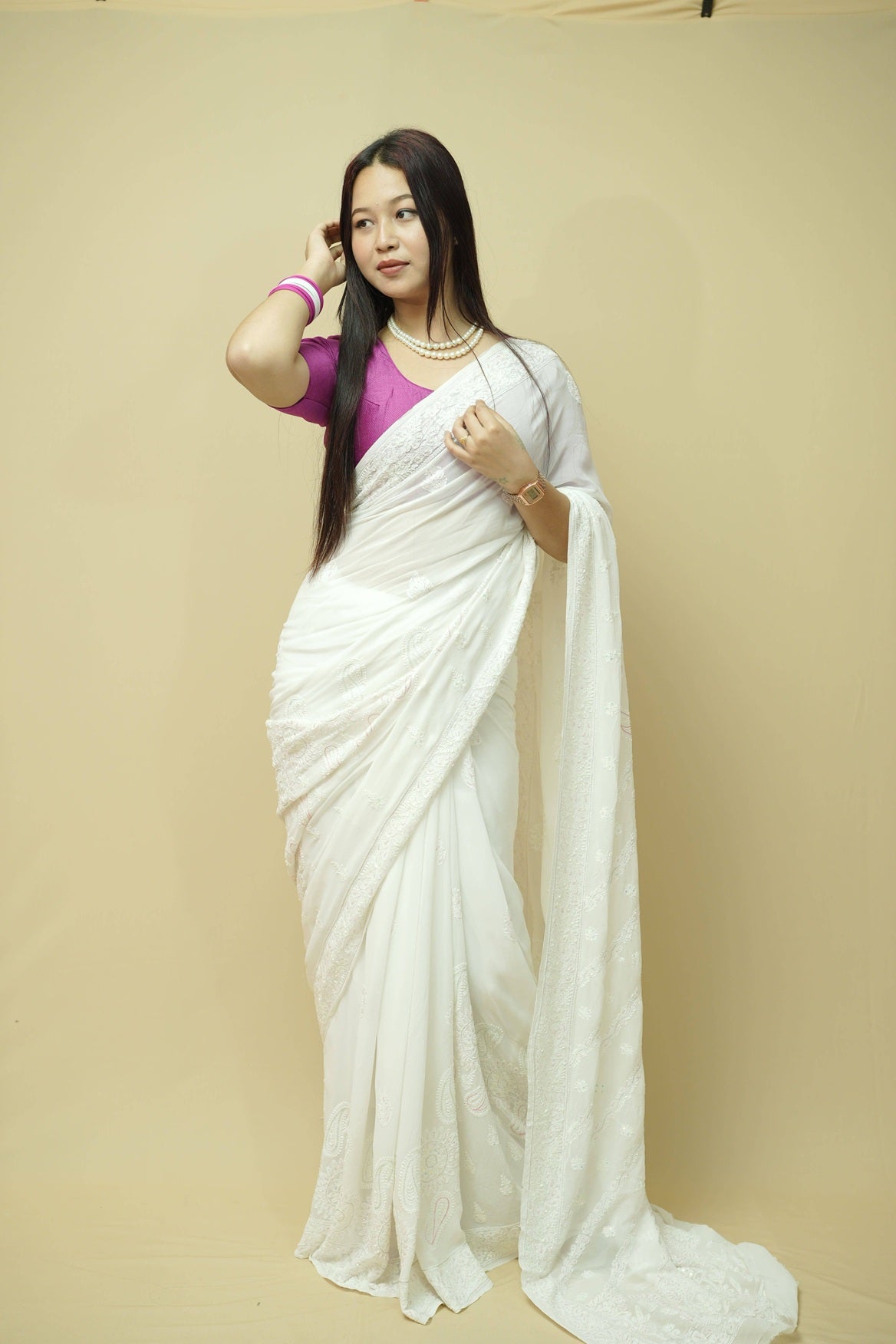 Rini Viscose Georgette Chikankari Saree-White