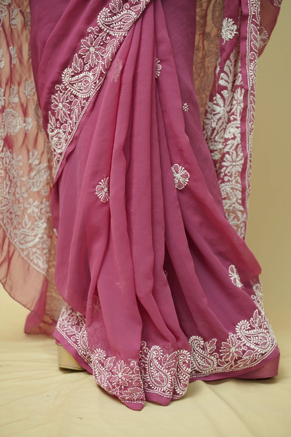 Abira Laser Chikankari Georgette Saree - Onion Pink