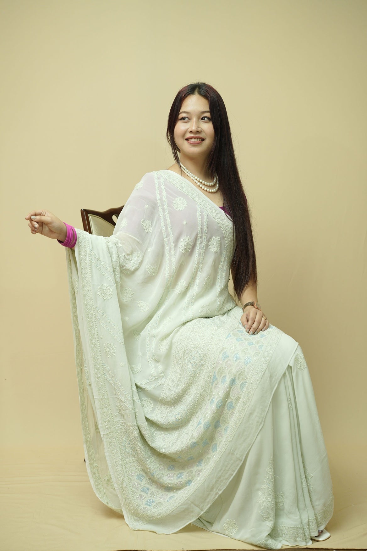 Elara Viscose Georgette Chikankari Saree-Pastel Green