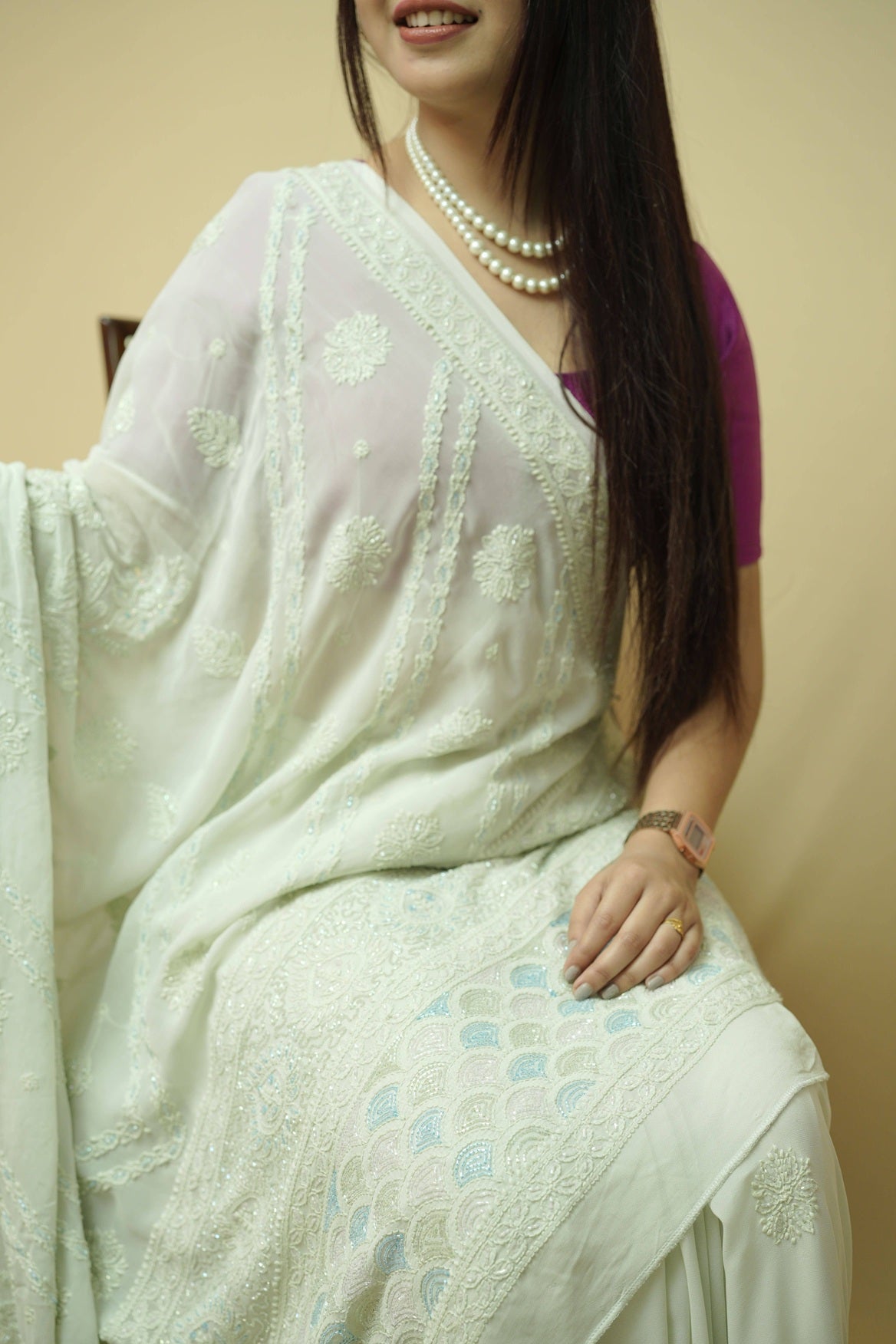 Elara Viscose Georgette Chikankari Saree-Pastel Green