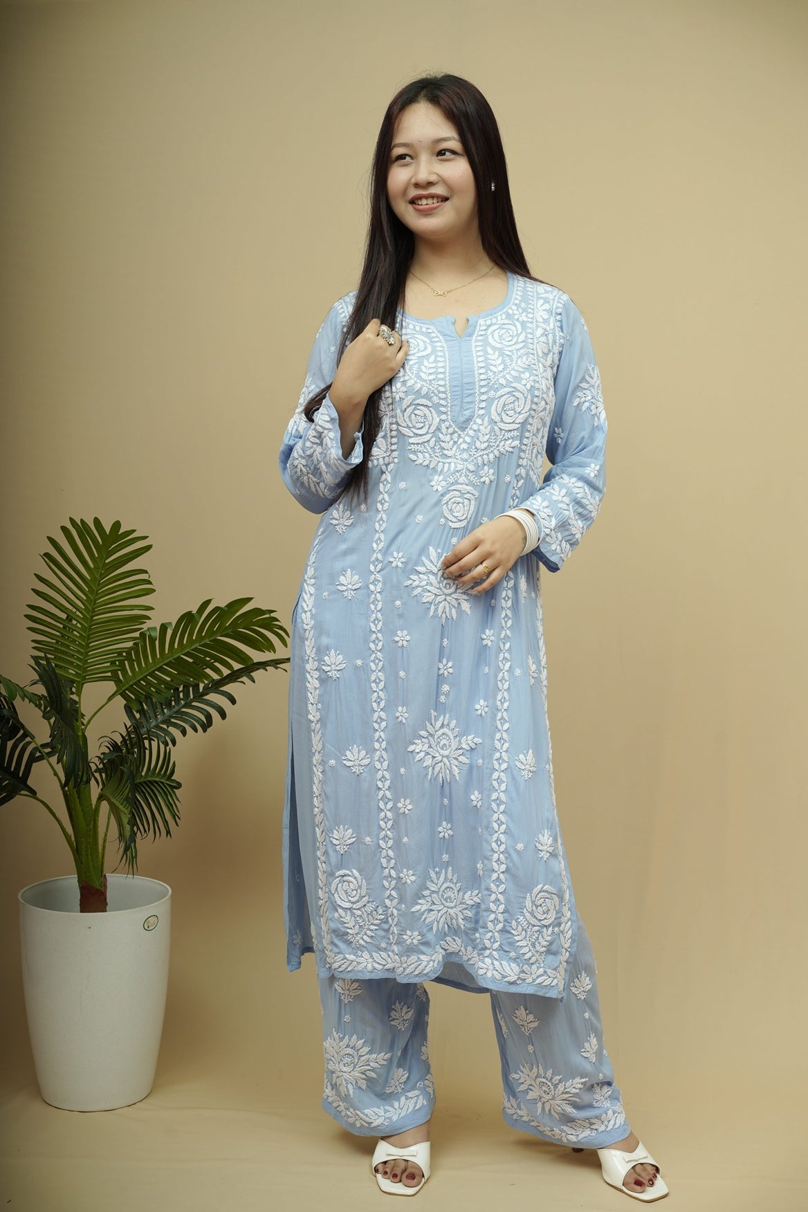 Roshni Modal 3D Chikankari Kurta Pant Set