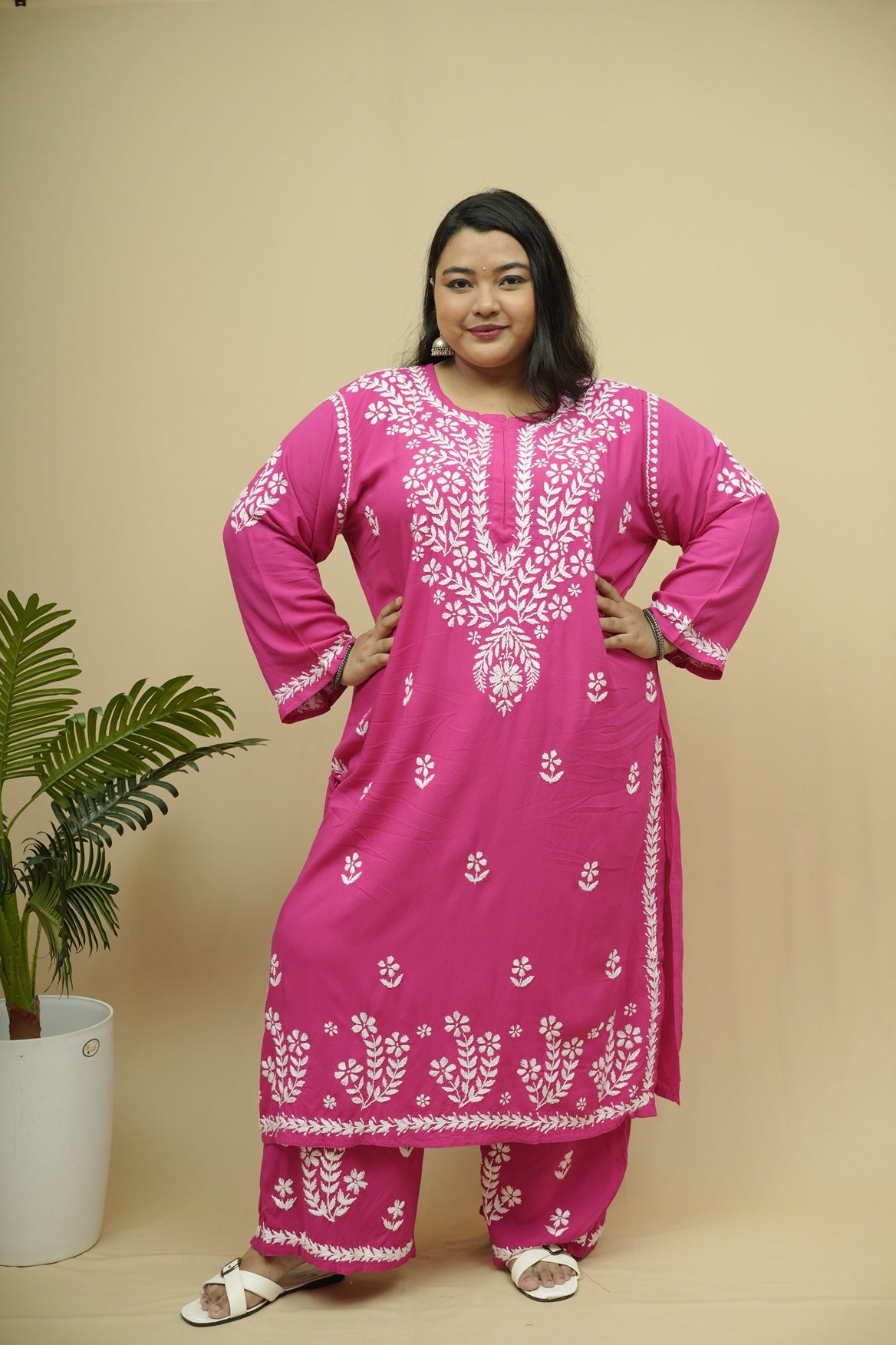 Plus Size Rayon Chikankari Kurta-Plazzo Set