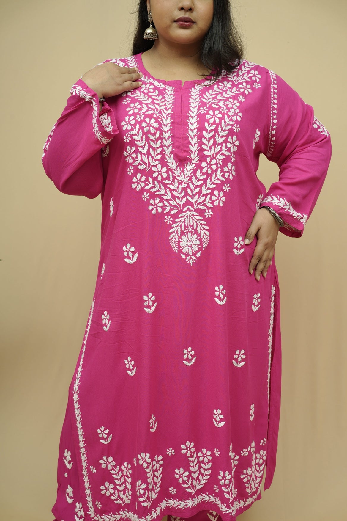 Plus Size Rayon Chikankari Kurta-Plazzo Set