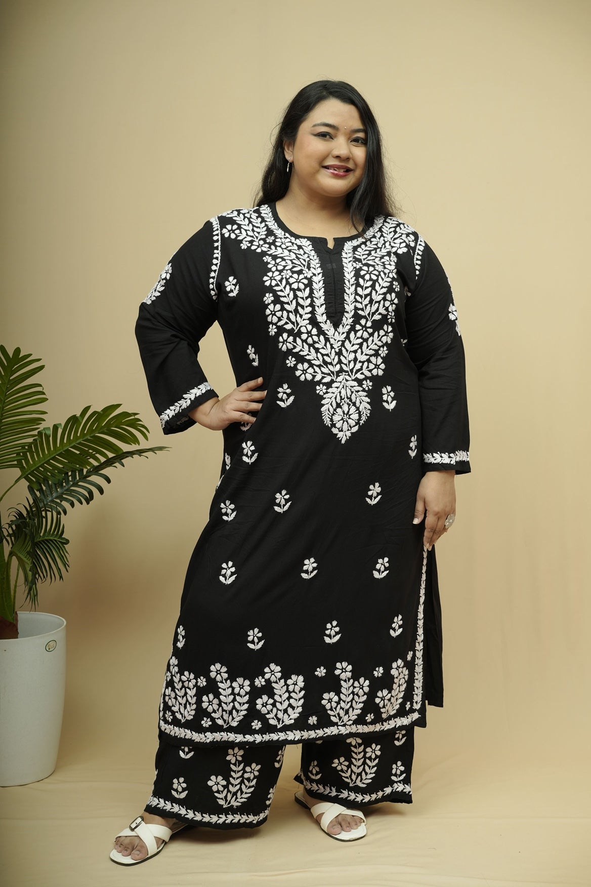 Plus Size Rayon Chikankari Kurta-Plazzo Set