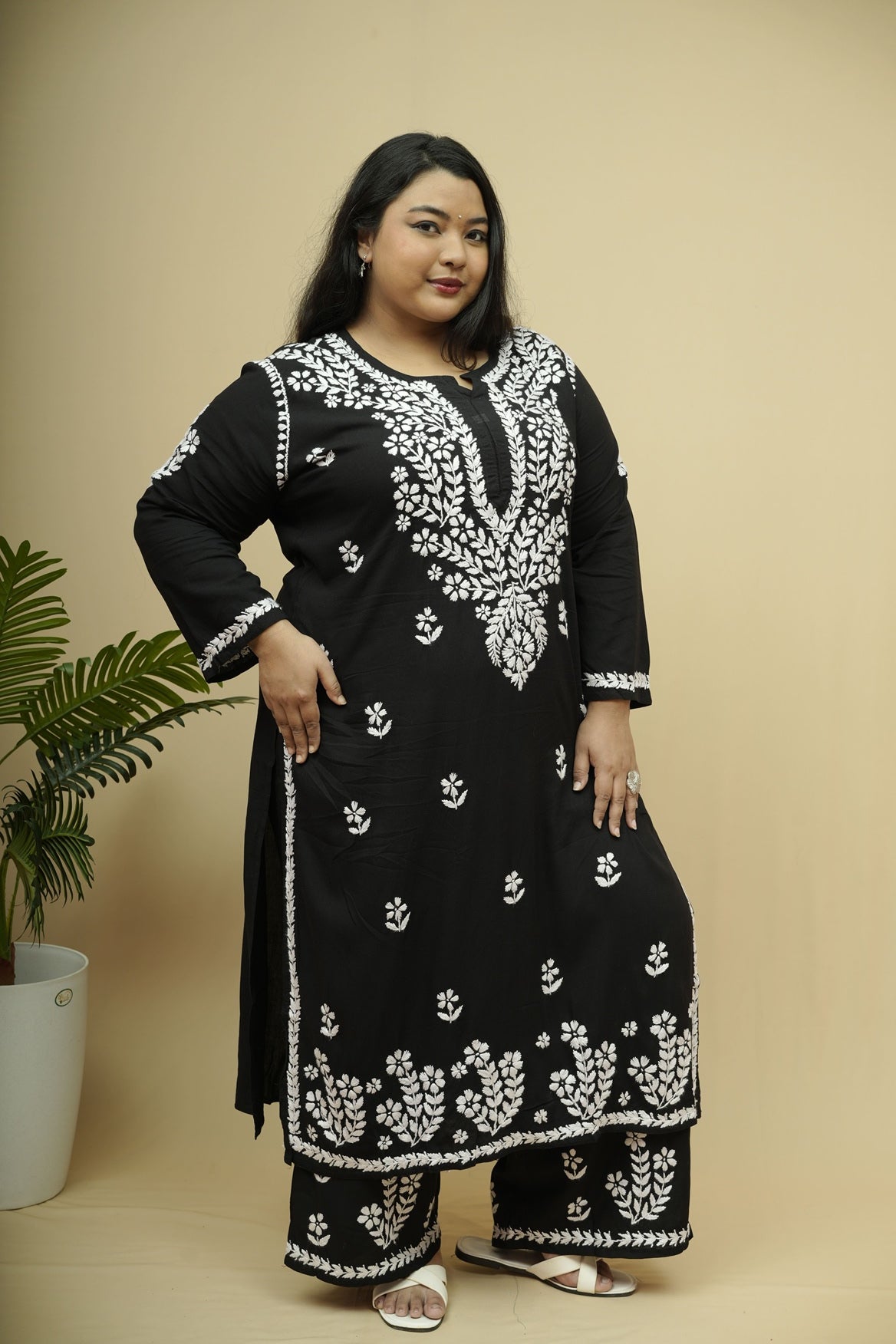 Plus Size Rayon Chikankari Kurta-Plazzo Set